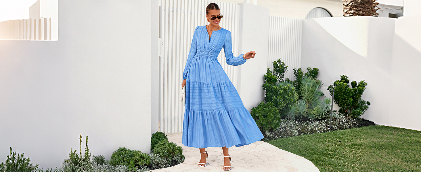 blue fall dress women R.Vivimos Women's Fall Winter Vintage Velvet Dress Short Sleeve V Neck Elastic Waist Tiered Ruffle A-Line Elegant Maxi Dress