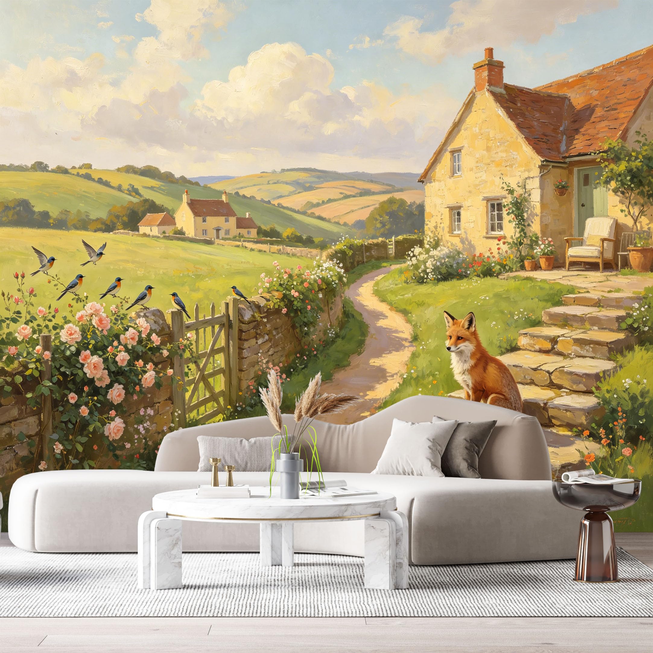 Custom Size Wall Murals Farmhouse American Country Oil Painting Fox Stone House Field Flowers SelfAdhesive Wall Fabric Removable Large Wallpaper for Photo Living Room
