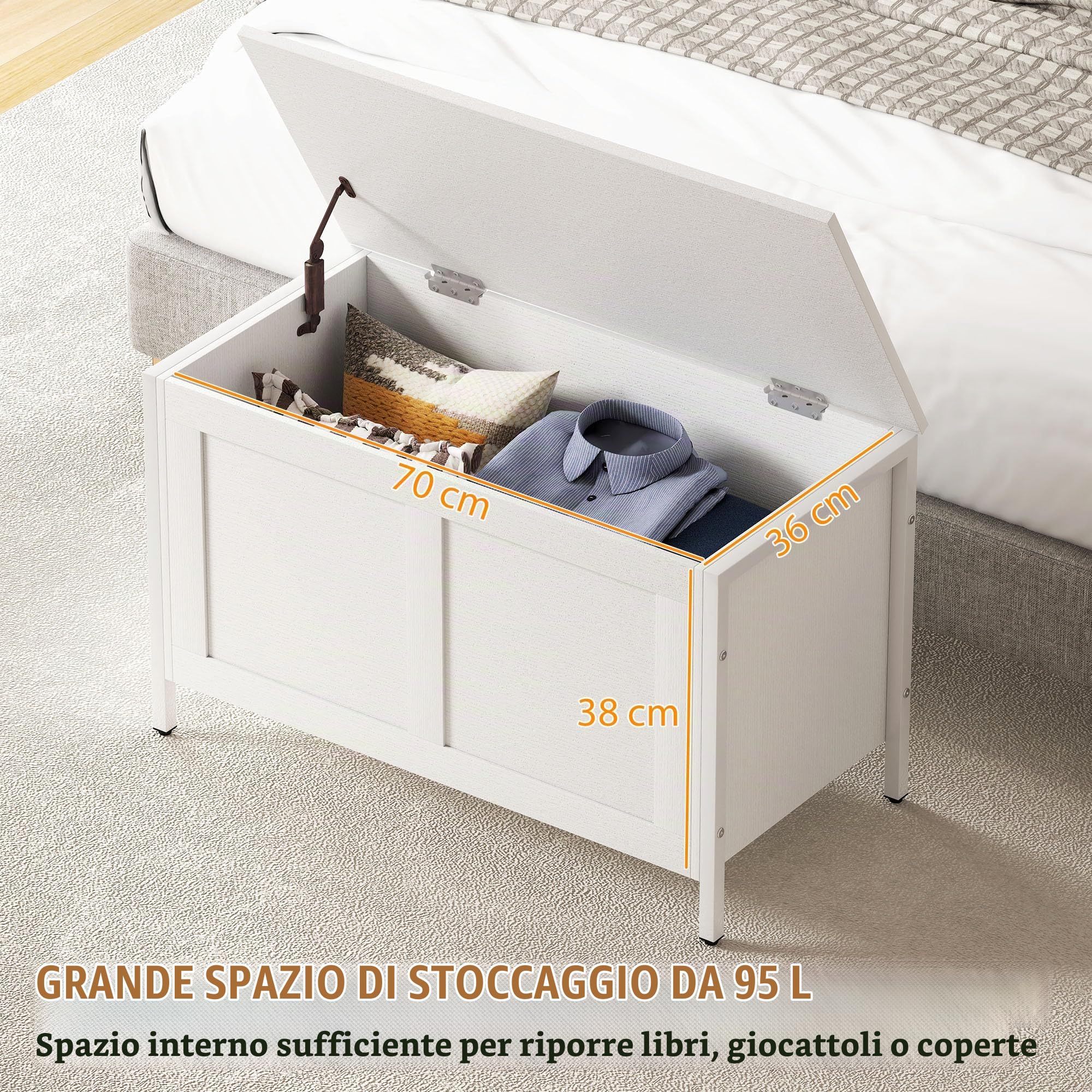 HOMCOM Camera da letto Cassapanca 95 L Panca di stoccaggio con coperchio Cerniera di sicurezza per corridoio Soggiorno 80x40x50 cm Bianco venato