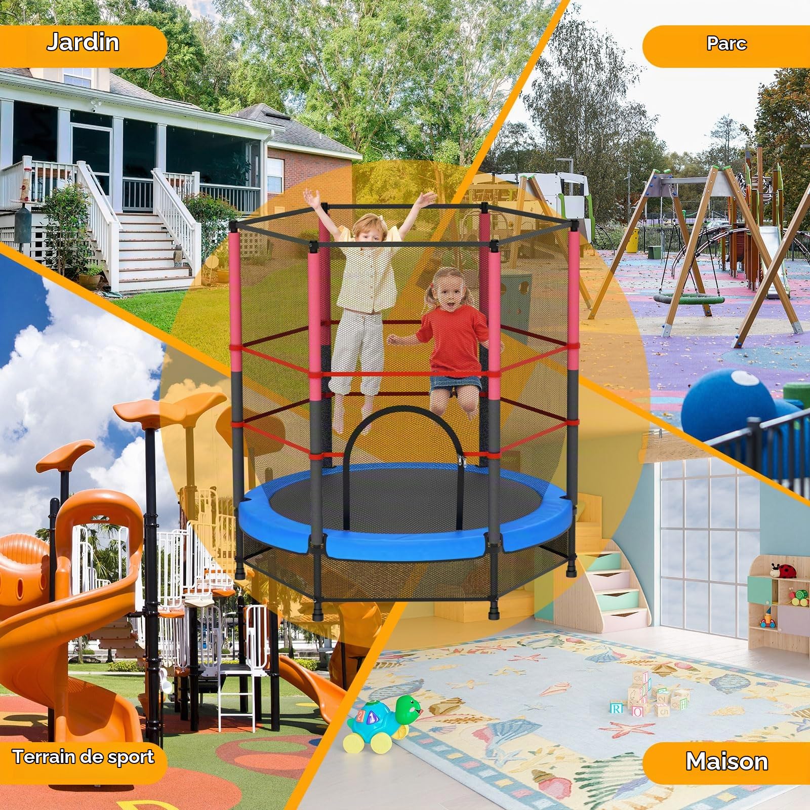 Trampoline pour enfant Ø 140 cm – avec filet de sécurité, porte zippée et filet de sol, suspension en corde en caoutchouc, intérieur/extérieur, charge jusqu'à 55 kg, pour enfants à partir de 3 ans