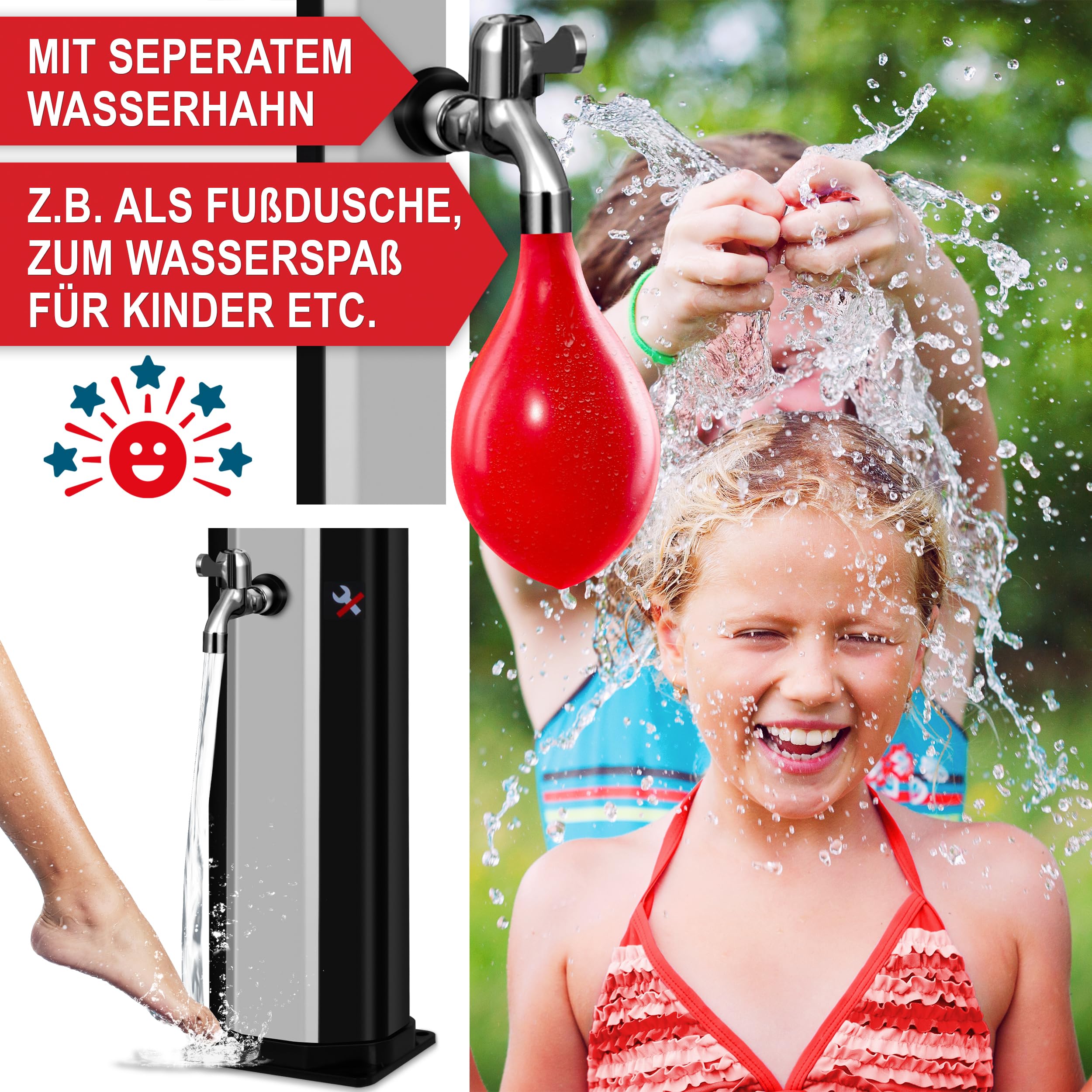 Onbest 35 Liter Solardusche Garten mit Regenschutz – Zusätzlicher Wasserhahn und integriertes Thermometer – 60°C – Warm - Kalt - Regler – Outdoor Gartendusche für Garten, Balkon & Pool – Solar Shower