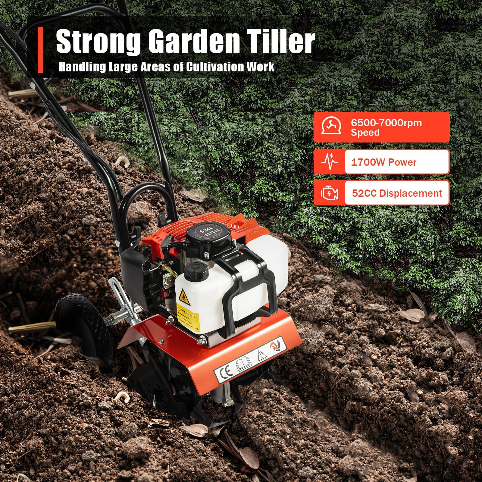 Motoculteur Thermique 52cc 1700W, Motobineuse Puissante à 2 Temps, Largeur de Travail 30cm Profondeur 12cm, Léger et Durable avec Lames en Acier au Manganèse, Idéal pour Jardin