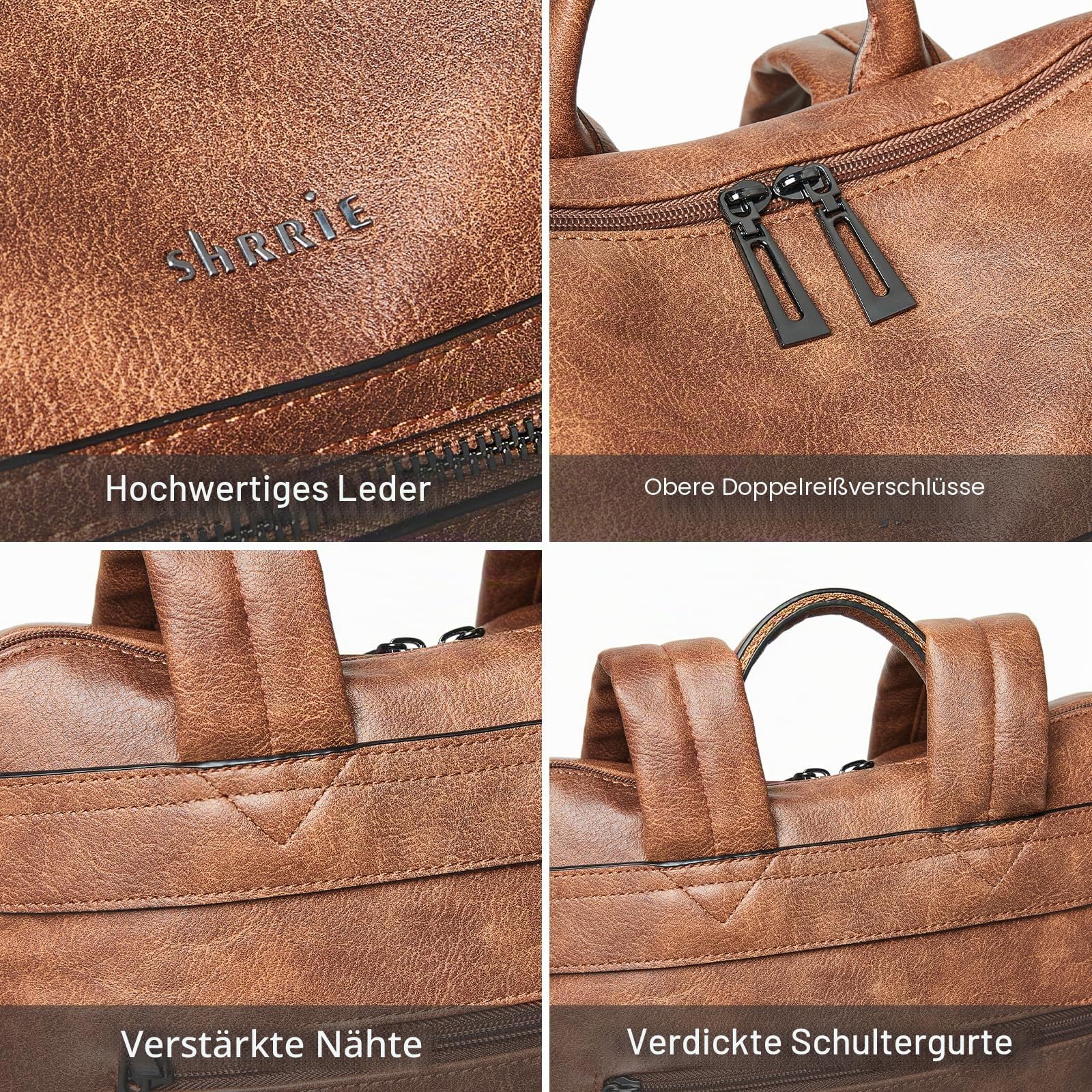 Shrrie 15,6 Zoll Laptop-Rucksack für Damen – Großer Reiserucksack aus Leder, wasserabweisend, für Freizeit, Uni, Arbeit, Handgepäck-Zweifarbiges Braun