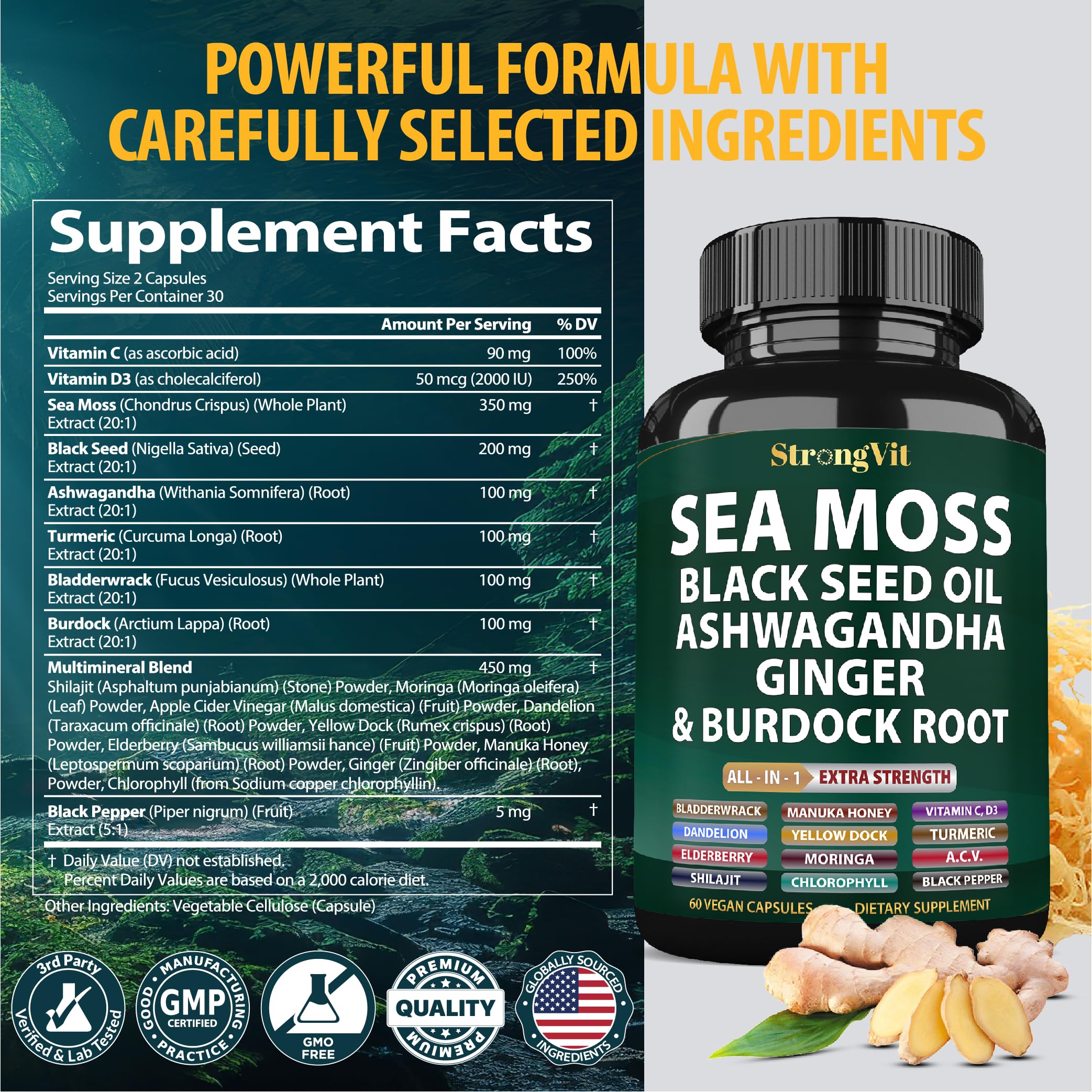 StrongVit Sea Moss Black Seed Oil Ashwagandha Ginger, Seamoss - 60 Caps — Amazon image 7