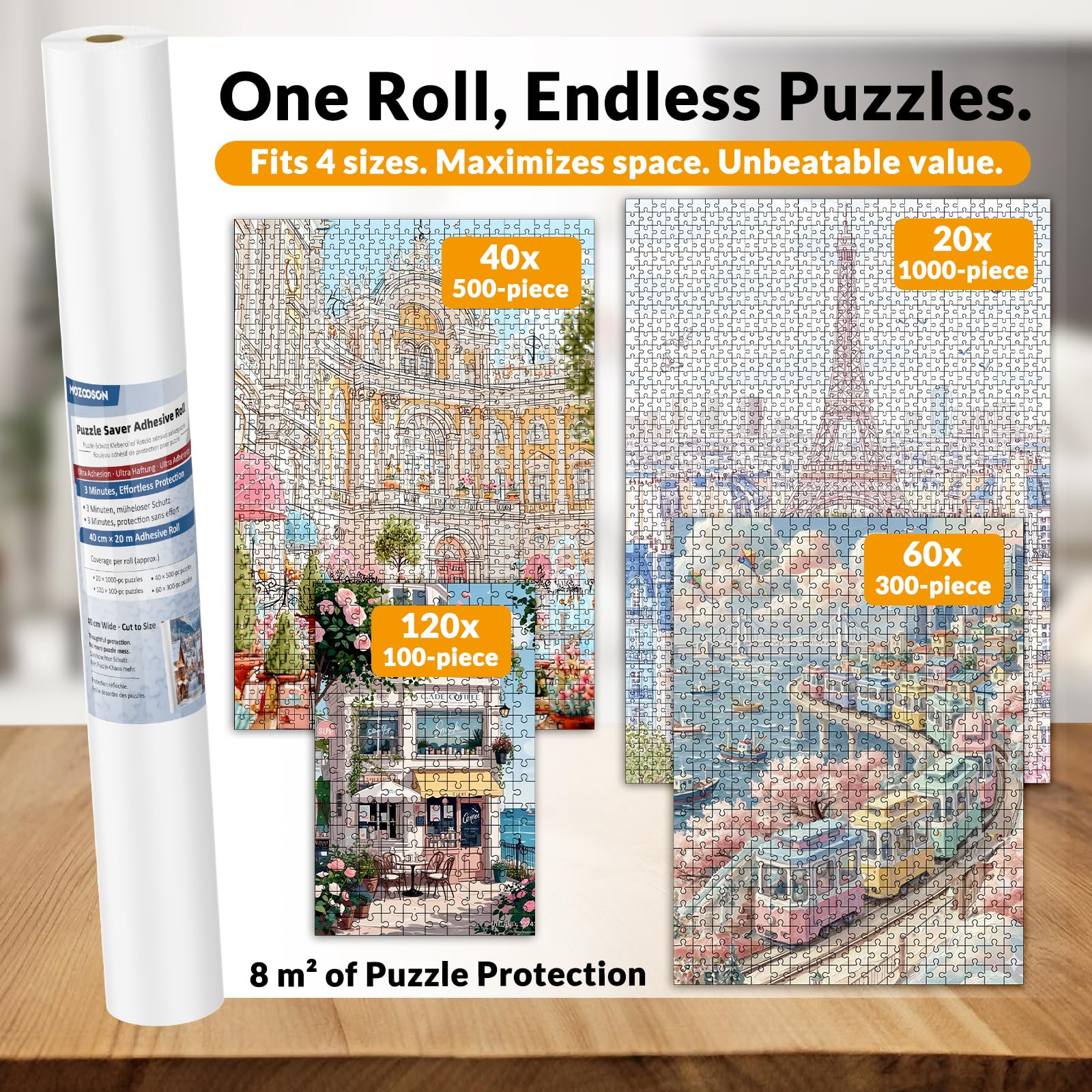 MOZOOSON Puzzle Klebefolie, 20M-Rolle Selbstklebende Aluminiumfolie mit 1 Rakel, in Sekunden zuschneiden, aufkleben & aufhängen, Puzzlekleber für 1000 Teile, Puzzle Kleber für Puzzle Stabilisieren