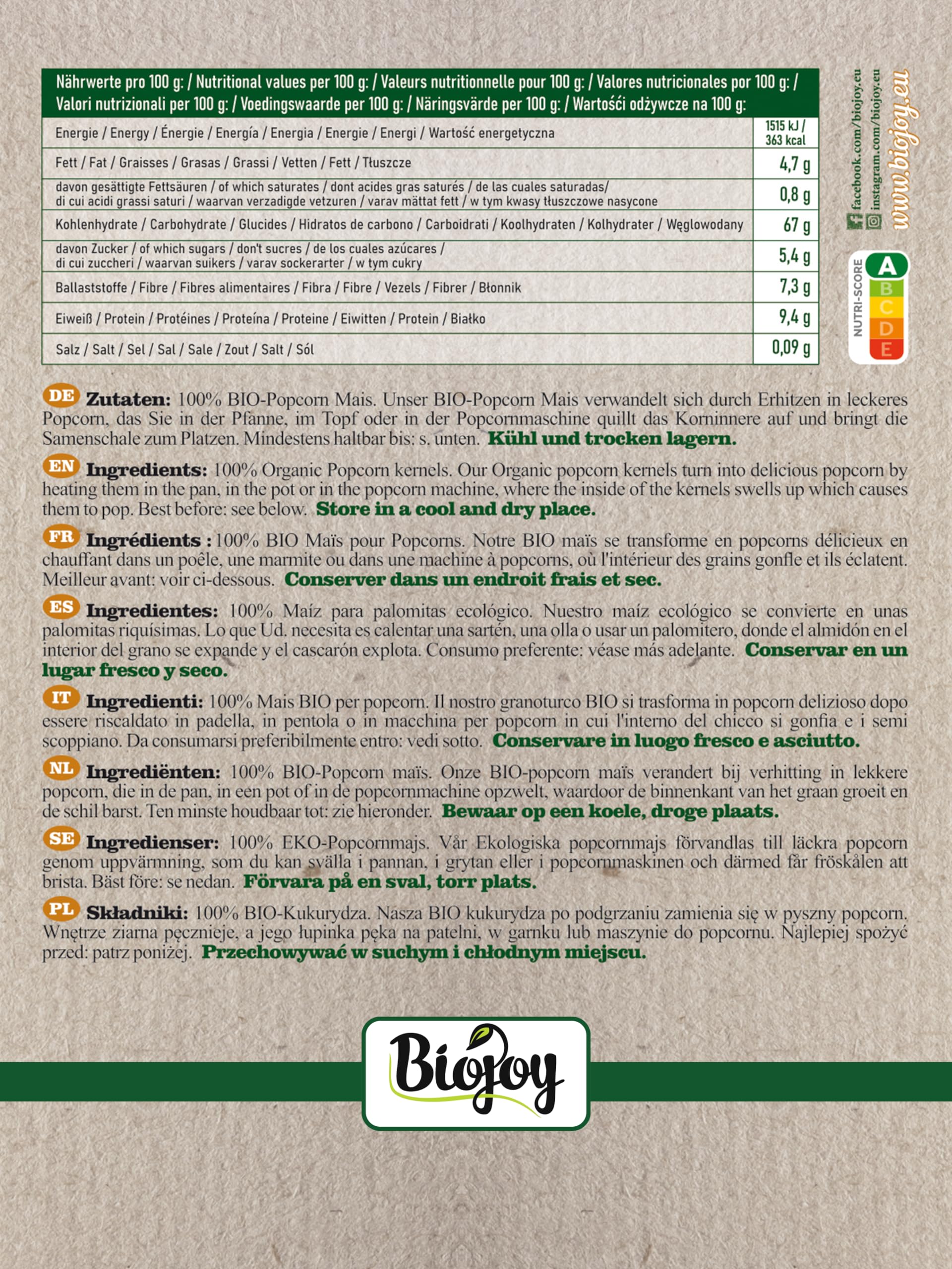 Biojoy Maïs pour Pop-corn BIO (2 kg), sans additifs