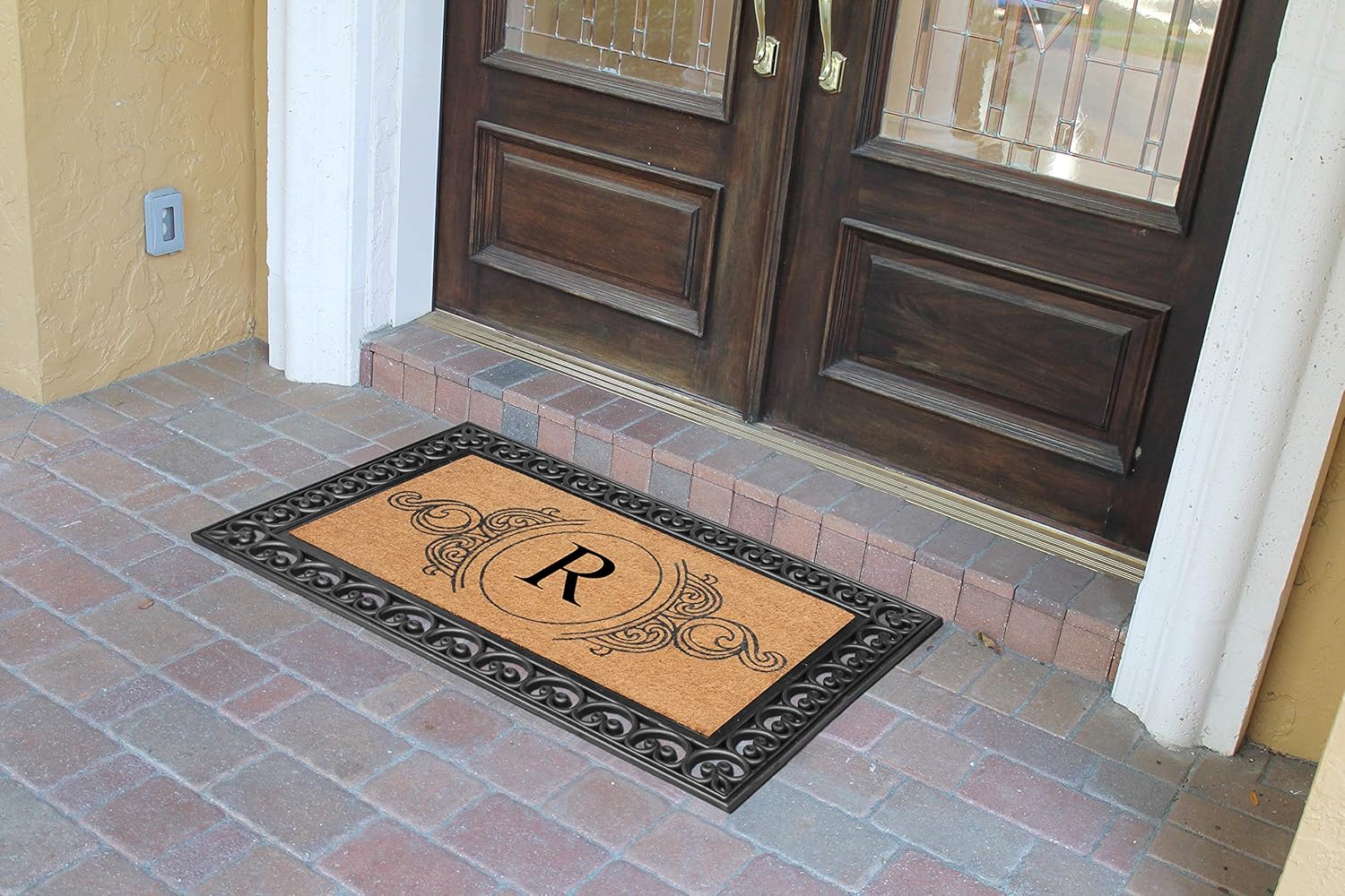 A1HC Natural Coir Monogrammed Doormat 30"x48", Anti-Shed Treated Durable Front Door Mat for Outside Entrance, Heavy Duty, Low Profile, Easy to Clean, Long Lasting Entrymat - R, Floral Black