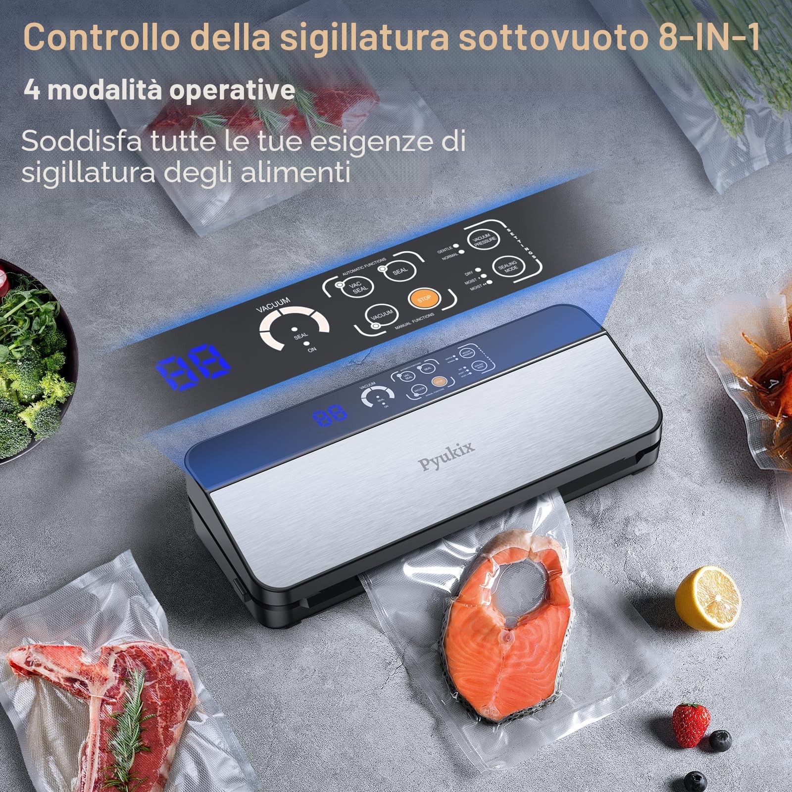 Macchina Sottovuoto Alimenti 8-IN-1, Professionale 80KPA Vuoto Veloce, Stoccaggio Rotoli con Taglierina, Tubo a Vuoto, Conto alla Rovescia Digitale, 2 Sacchetti in Rotolo e 11 Sacchetti Sottovuoto