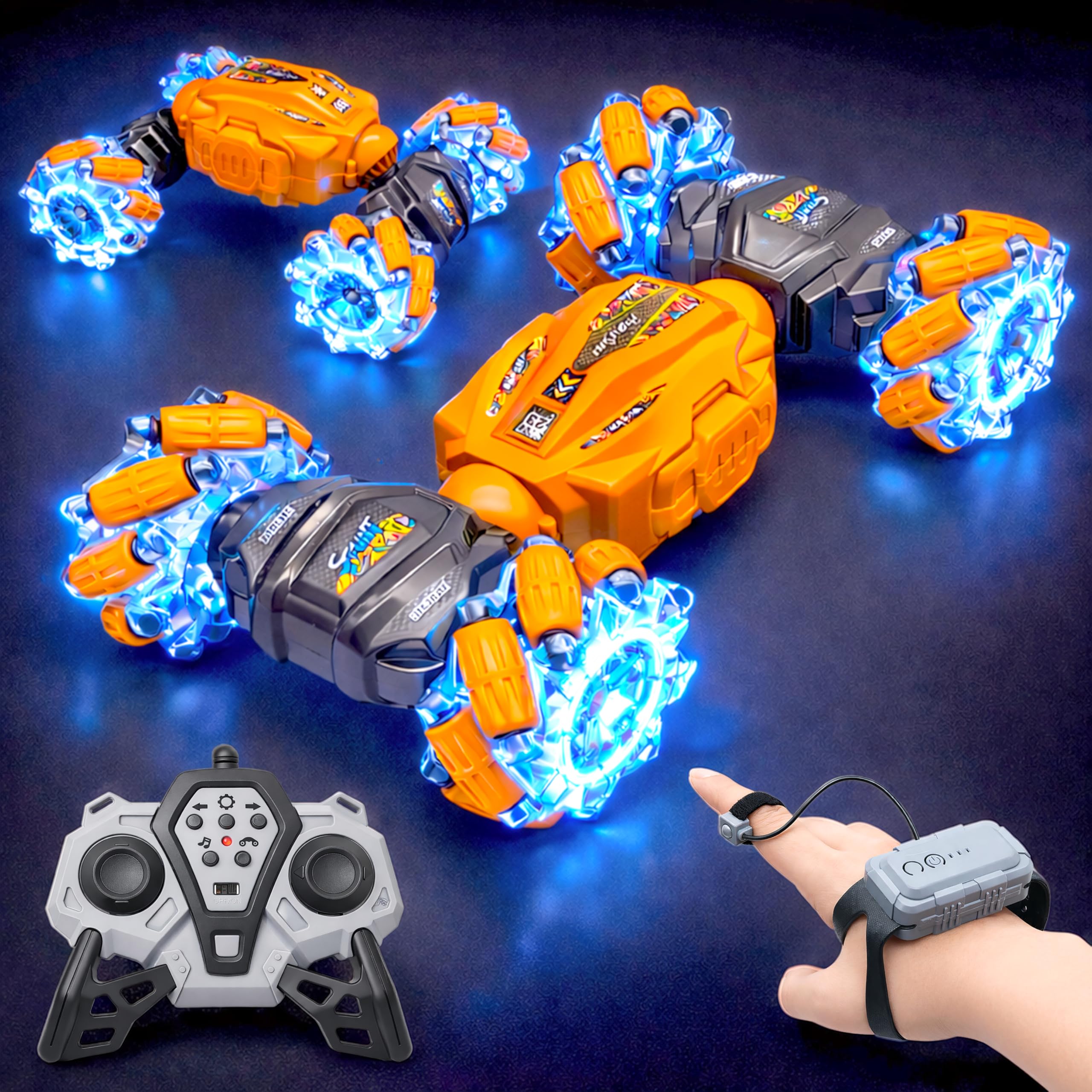 VGRASSP Dual Control Twisting Drift Stunt Car Toy for Kids with Remote Control and Gesture Wrist Controller - Rechargeable 360° Rotating RC Car Toy with LED Lights, Sound Effects - Orange-image-28