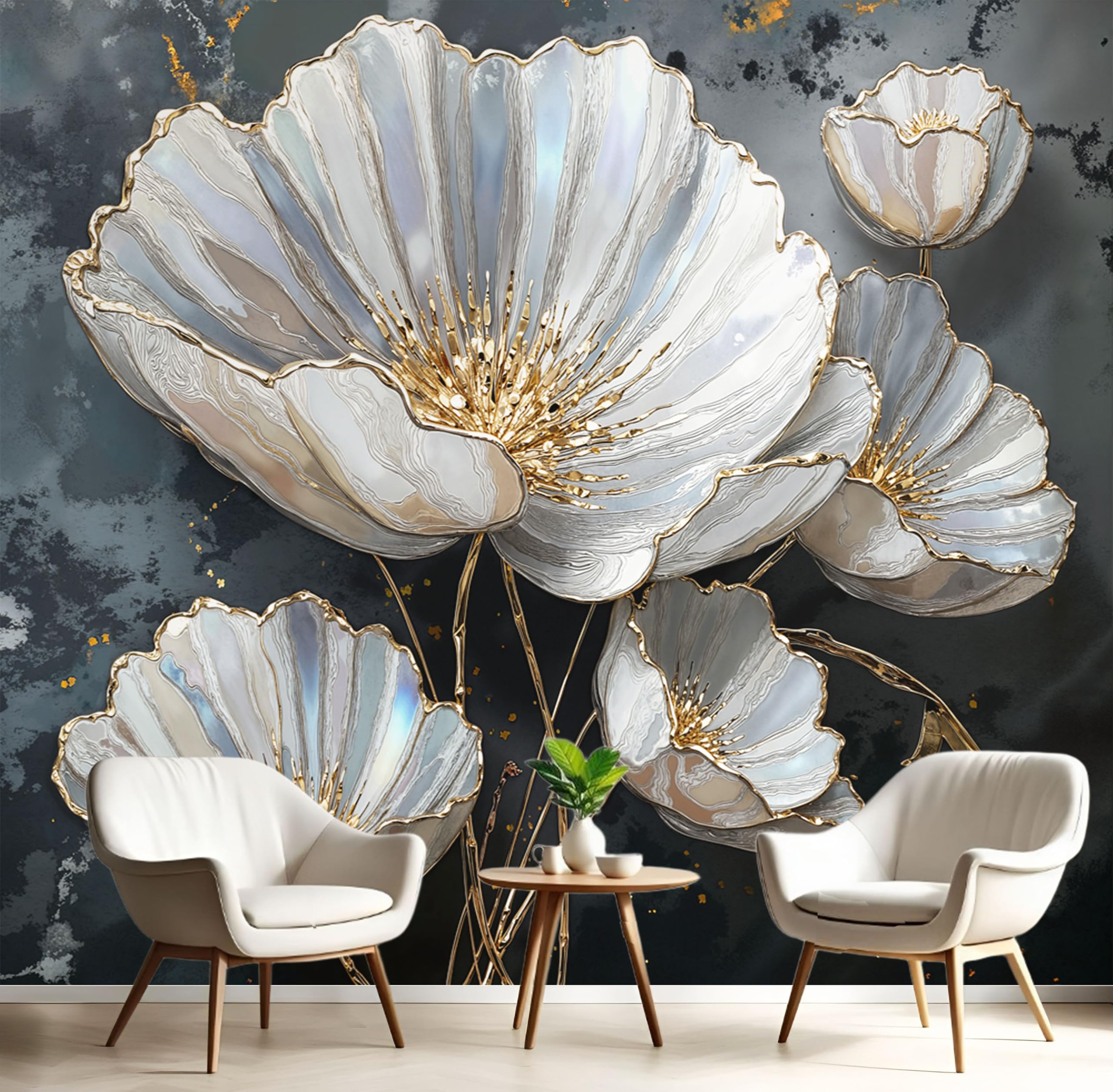 Papier peint photo Soie, Luxe sombre Fleurs et bourgeons argentés, 450x315cm | Papier peint Soie de haute qualité, pour salon et chambre, revêtement mural, papier peints effet 3D Gris argenté