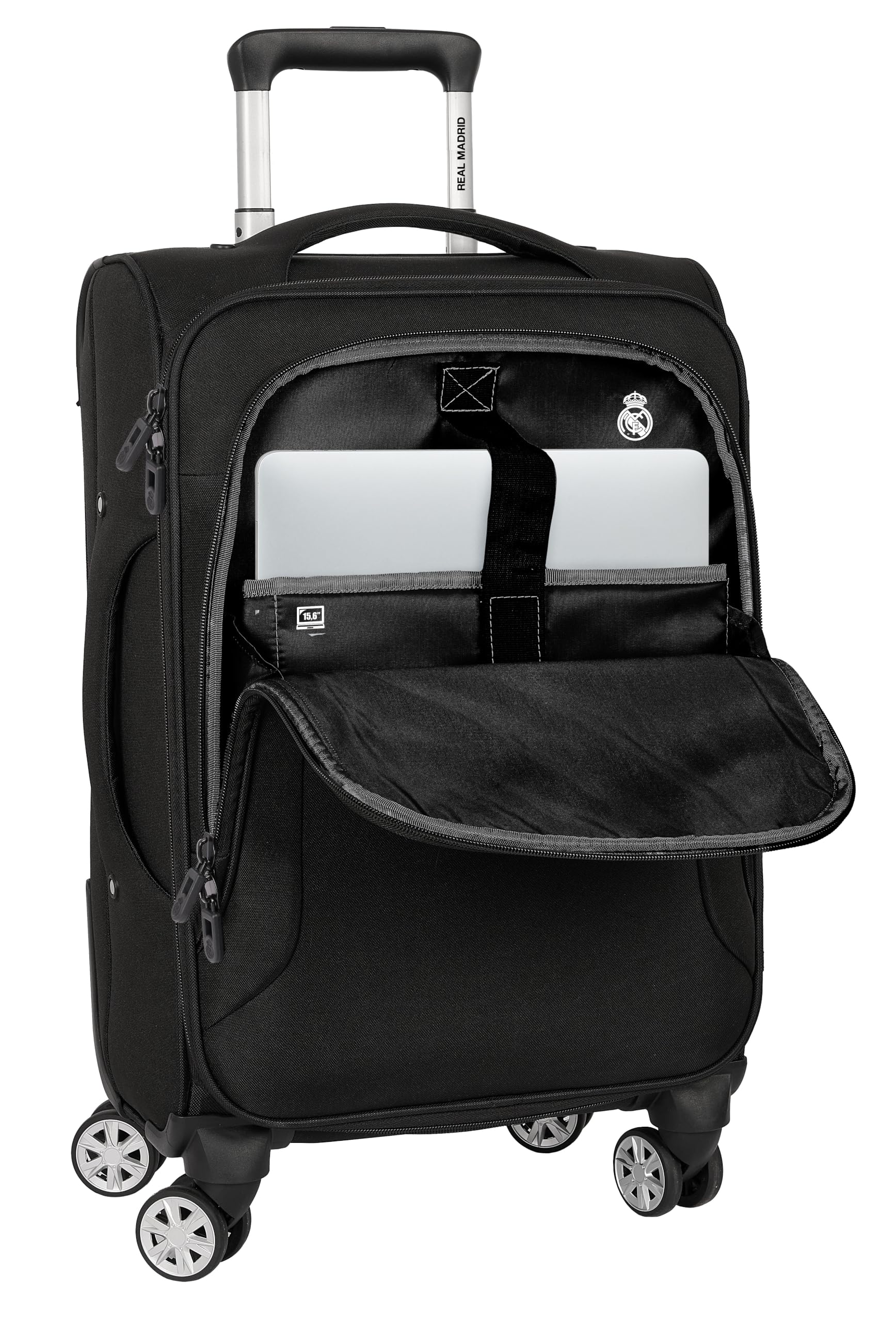 Real Madrid Premium - Trolley Cabina Blanda 20 Pulgadas, Maleta con Ruedas, Candado de Seguridad, Maleta Ligera, 35x20x51 cm, Color Negro