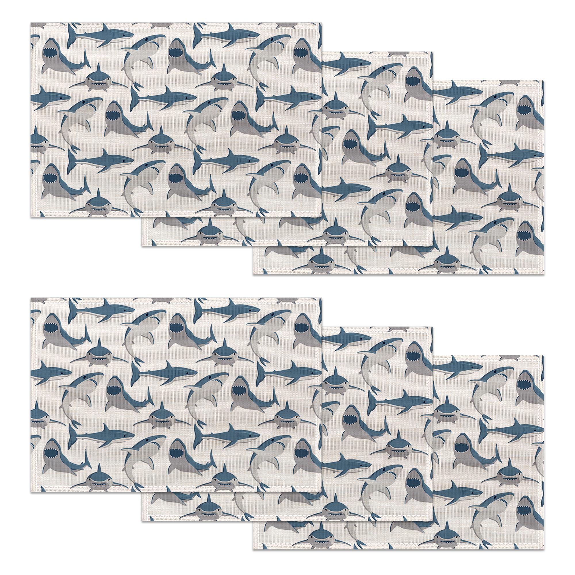 Cute Shark Placemats Set of 6,Wild Fish Washable Non-Slip Heat Resistant Linen Table Mats for Kitchen Dining Table,Indoor Outdoor Party Decor 12"x18"