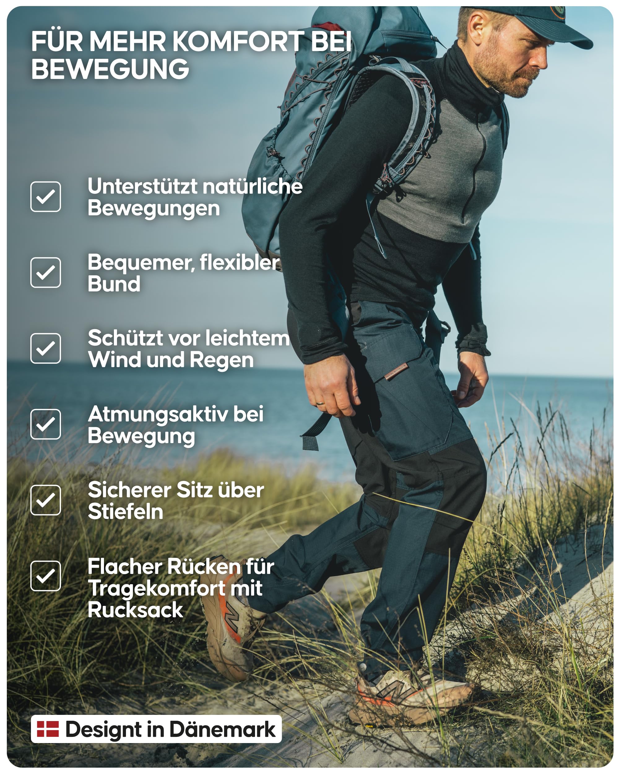 DANISH ENDURANCE Wanderhose Herren für Sport und Outdoor Bekleidung, Wasserabweisende Arbeitshosen Männer, Robuste Softshellhose Herren, Trekkinghose mit normaler Passform