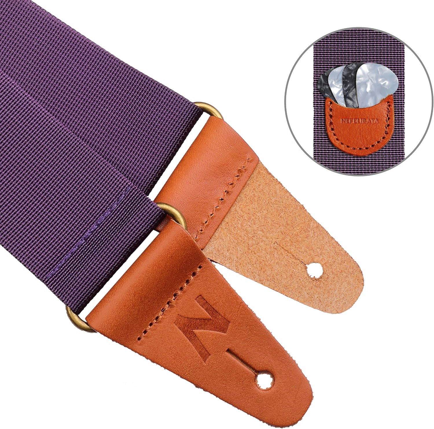 Guitar Strap, Vintage Nylon Full Grain Leather Ends Guitar Straps with Pick Pocket for Bass, Electric & Acoustic Guitar, Come with Free Strap Button, 1 Pair Strap Locks and 4 Guitar Picks (Purple)