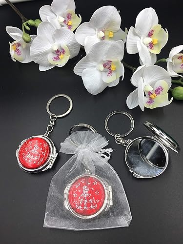 (12) New Quinceañera Recuerdos. My Sweet 15 Princess Celebration Gifts Red Silver Plate Mirror Llavero Set de recuerdos de fiesta con bolsas de