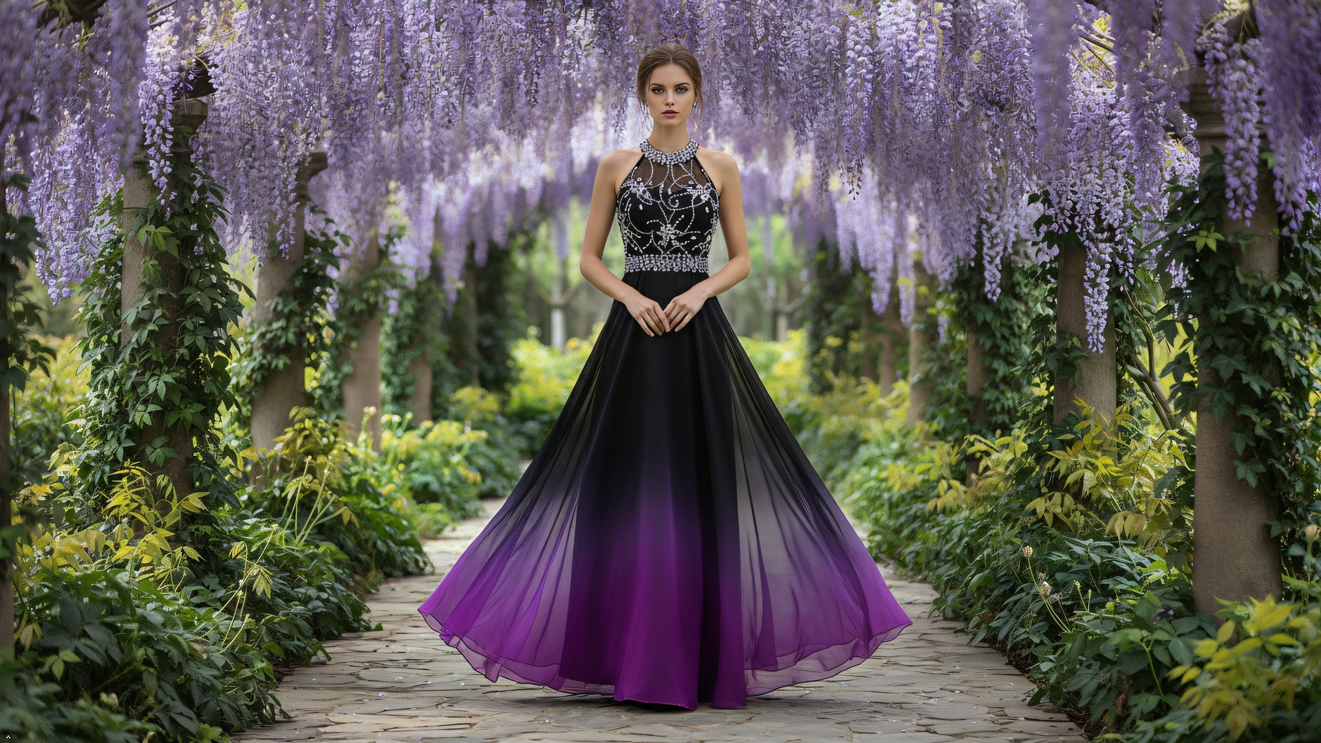 strapless open back dress Sheer-Sides Long Black Prom Dress with Ombre Beads Black/Multi / 8 main image 0