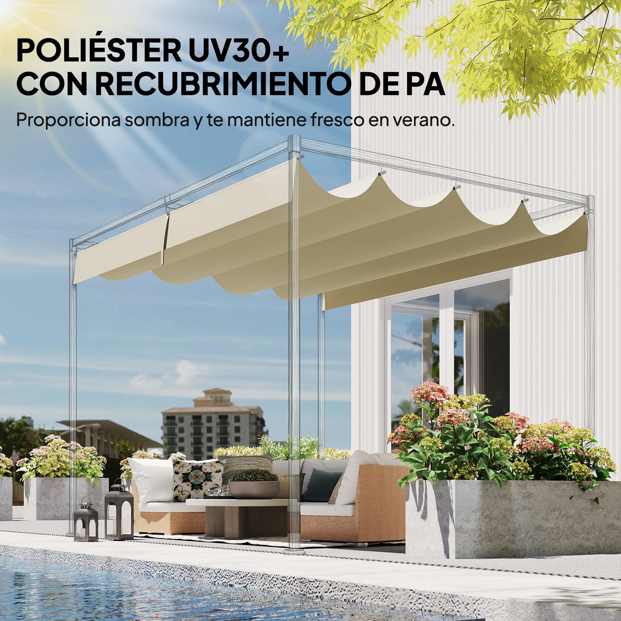 Outsunny Techo de Pérgola 4 x 3,5 m, Techo de Repuesto Retráctil para Marco de Pérgola de 4x3 m, UV30+, Toldo de Tela Solo para Cenador Jardín con 8 Orificios de Drenaje, Blanco Crema - 4