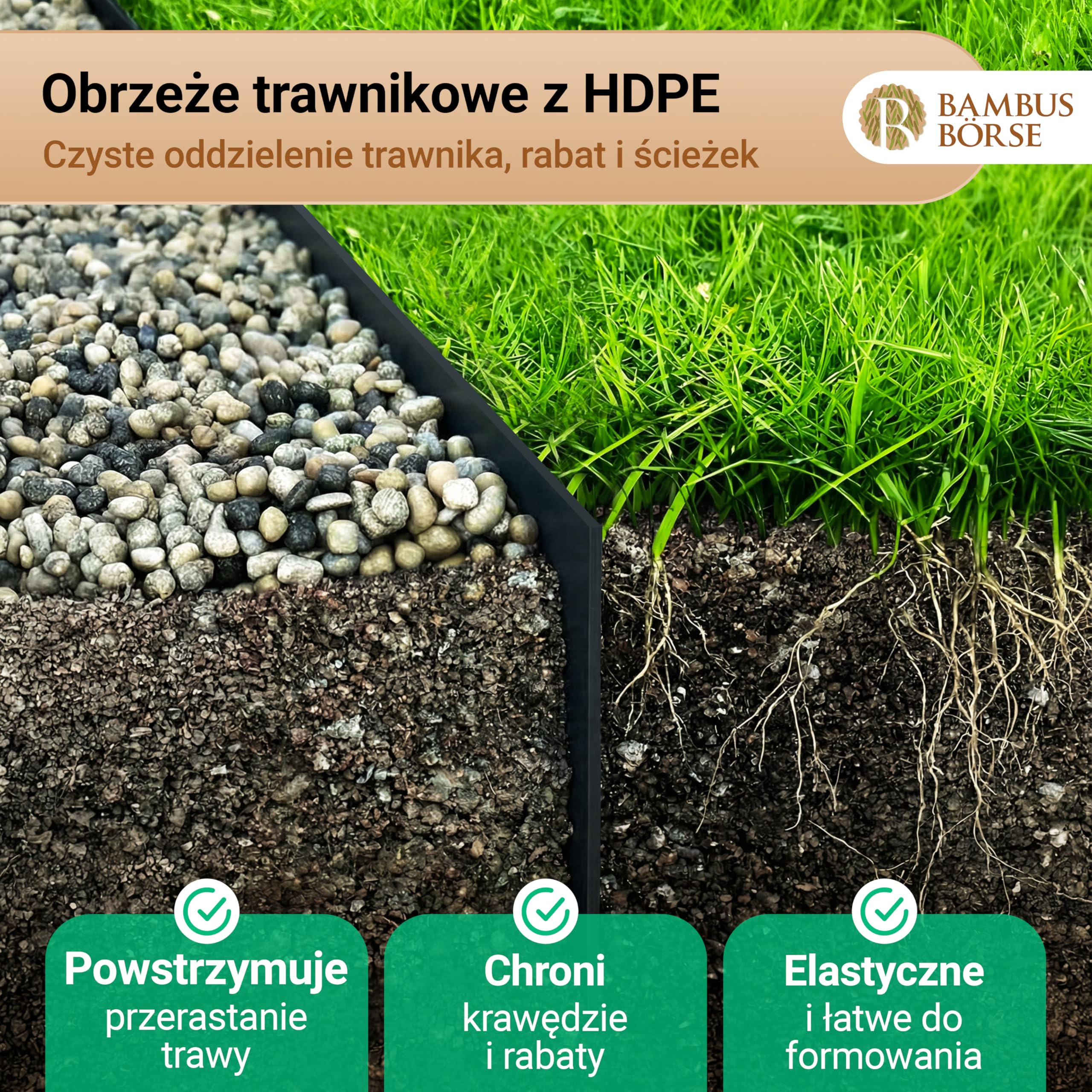 Krawędź trawnika – obramowanie rabatek o wysokości 30 cm, długość 15 m, z tworzywa sztucznego HDPE – elastyczne obramowanie rabatki i ograniczenie trawnika, odporne na warunki