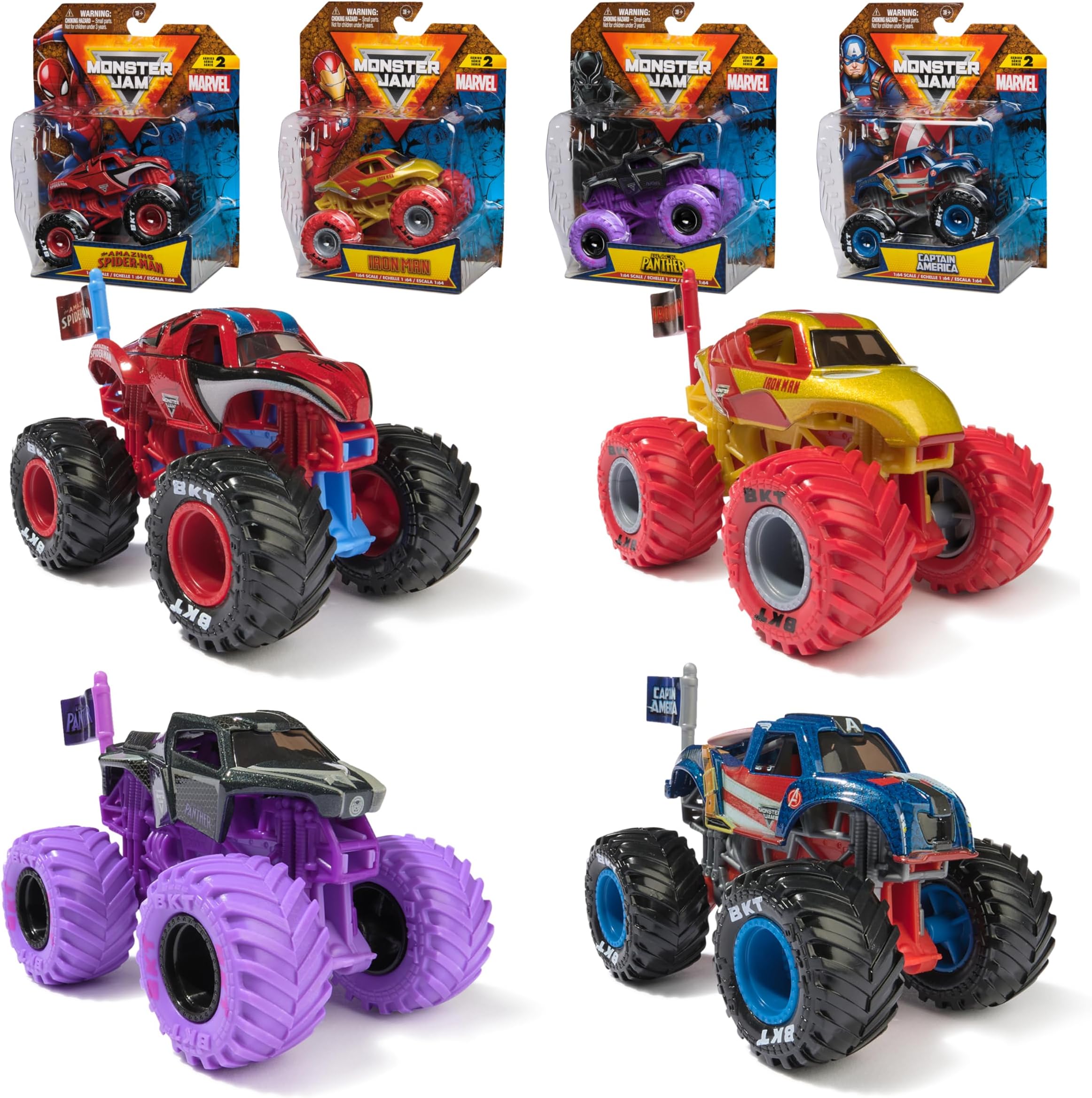 Monster Jam, Marvel 4-Pack of 1:64 Scale Die-Cast Monster Trucks, Spider-Man, Iron Man, Captain America & Black Panther, Kids Toys for Boys and Girls