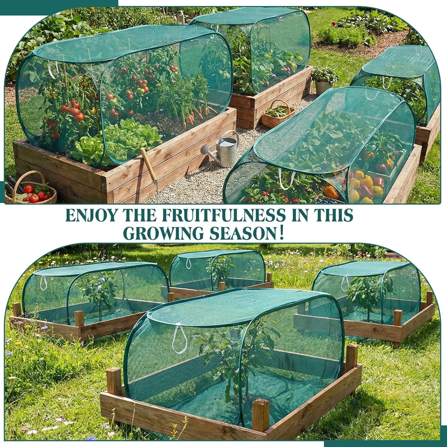 Threehoney 4 Pcs 45'' x 20'' x 18'' Pop up Garden Mesh Plant Cover Outdoor Plant Protector Garden Row Raised Bed Cover with Ground Nails Crop Cage Net for Seedlings Vegetable Fruit Herbs (Dark Green)