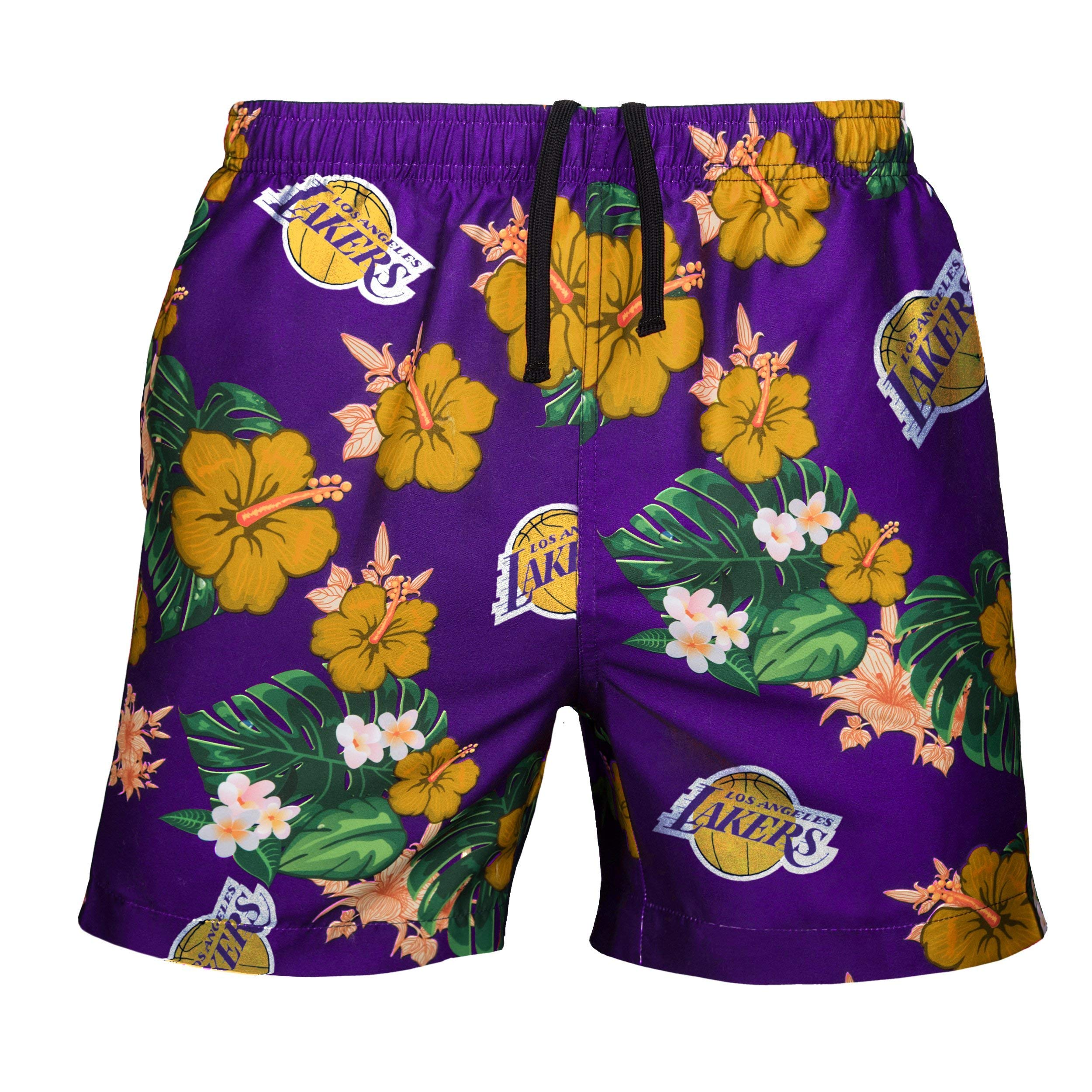 FOCO NBA Los Angeles Lakers Mens Team Logo Floral Hawaiian Swim Suit Trunksteam Logo Floral Hawaiian Swim Suit Trunks, Team Color, S/ 28' - 30'