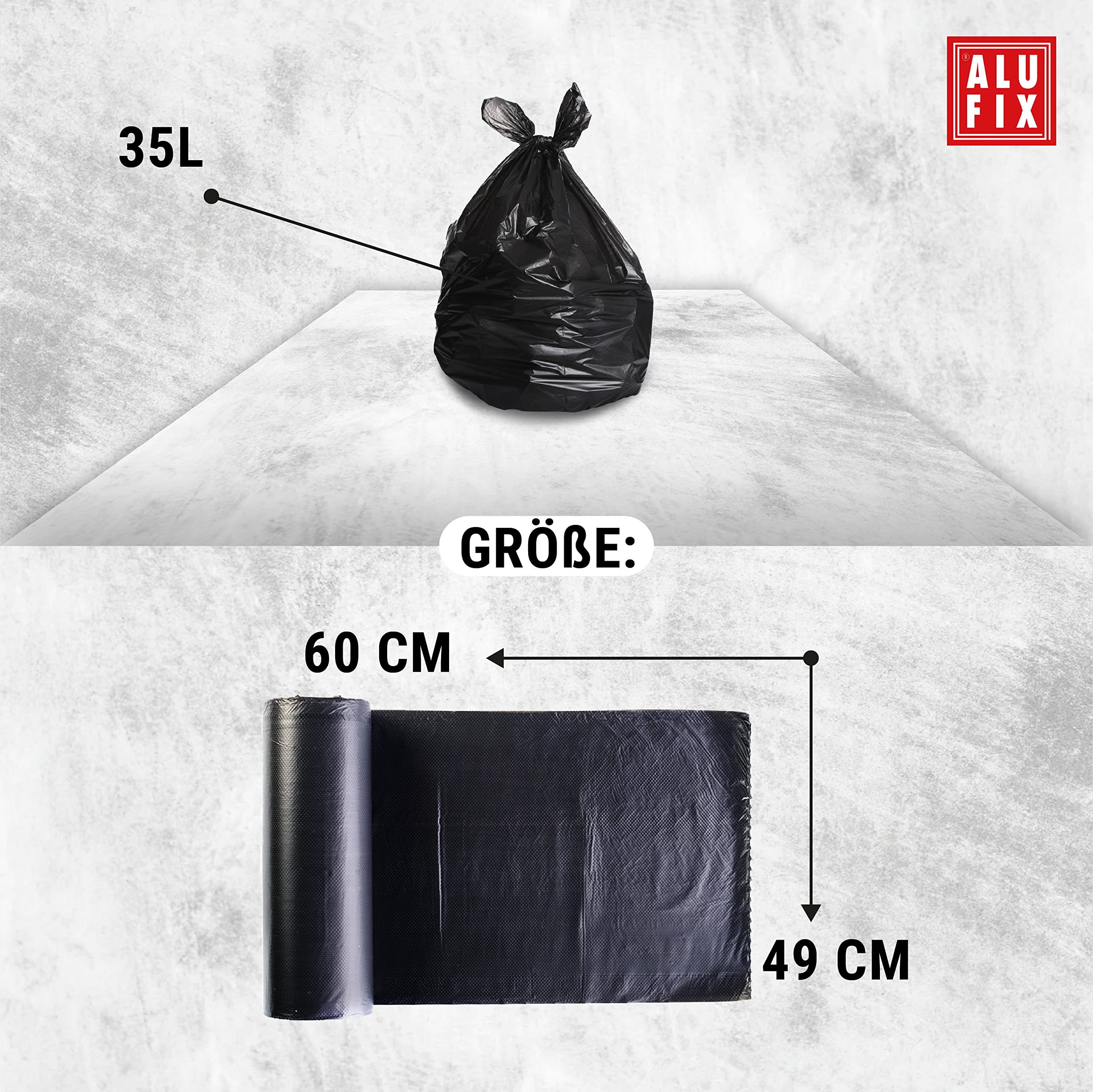 ALUFIX Sacchi della spazzatura neri, 35 l, 49 x 60 cm, 6 rotoli da 30 pezzi, colore nero, sacchi per la spazzatura, materiale HDPE, ideali per rifiuti domestici e commerciali