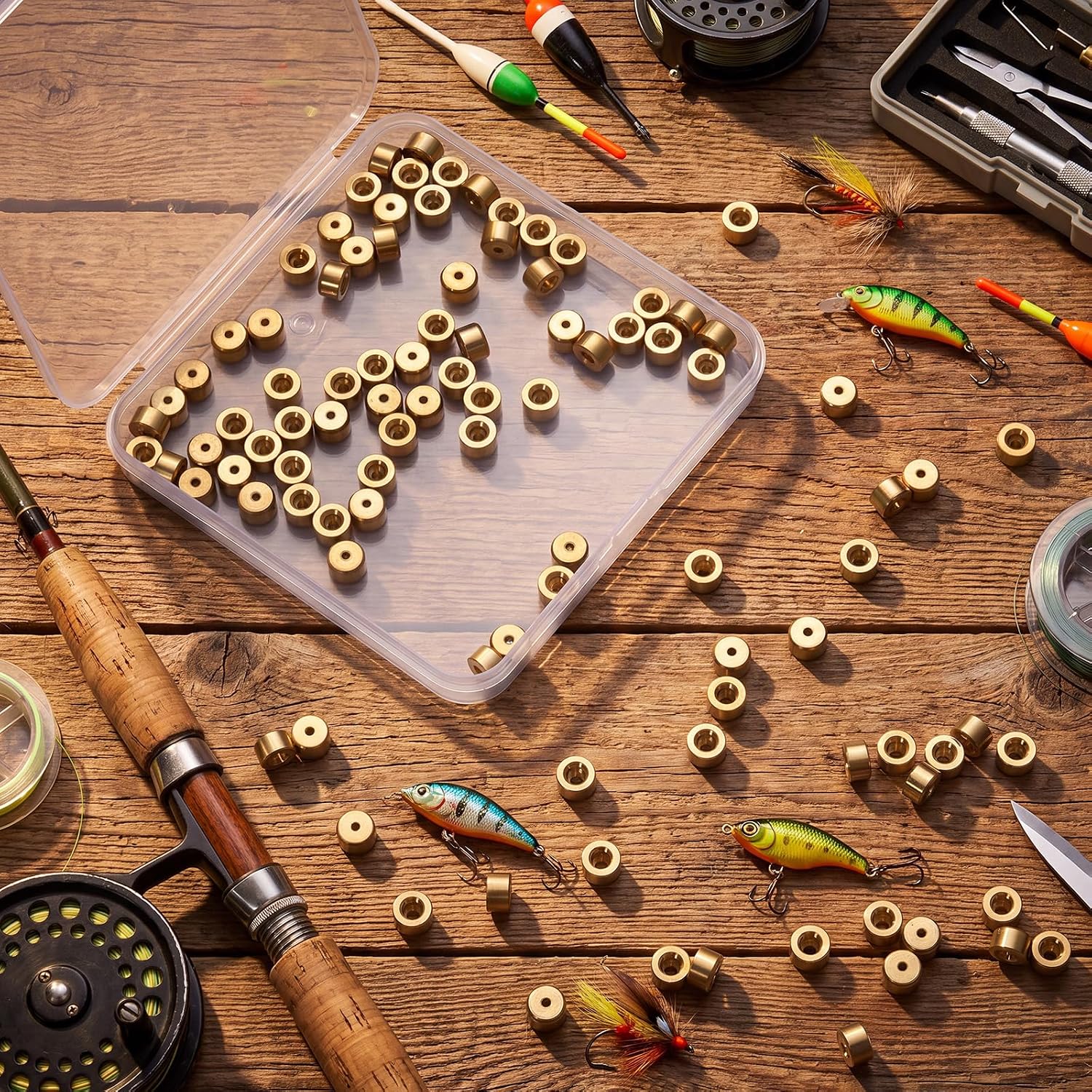 100 Pack Carolina Brass Weights Sinkers with Storage Box | Carolina Brass Fishing Weights, 0.2 x 0.31 Inch, Resist Corrosion, Protect Line Movement, Make Noise, Freshwater Fishing Rig