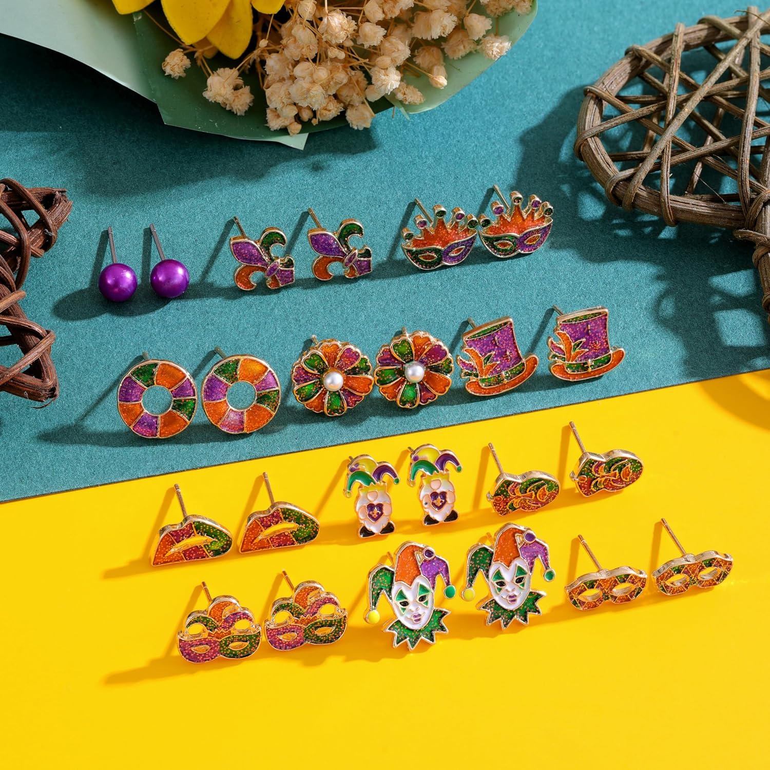 12 Pairs Hypoallergenic Mardi Gras Stud Earrings for Girls Teens Women Mardi Gras Mask Jester Fleur de Lis Hat Carnival Stud Earrings Set Mardi Gras Parade Party Accessories Jewelry Gift