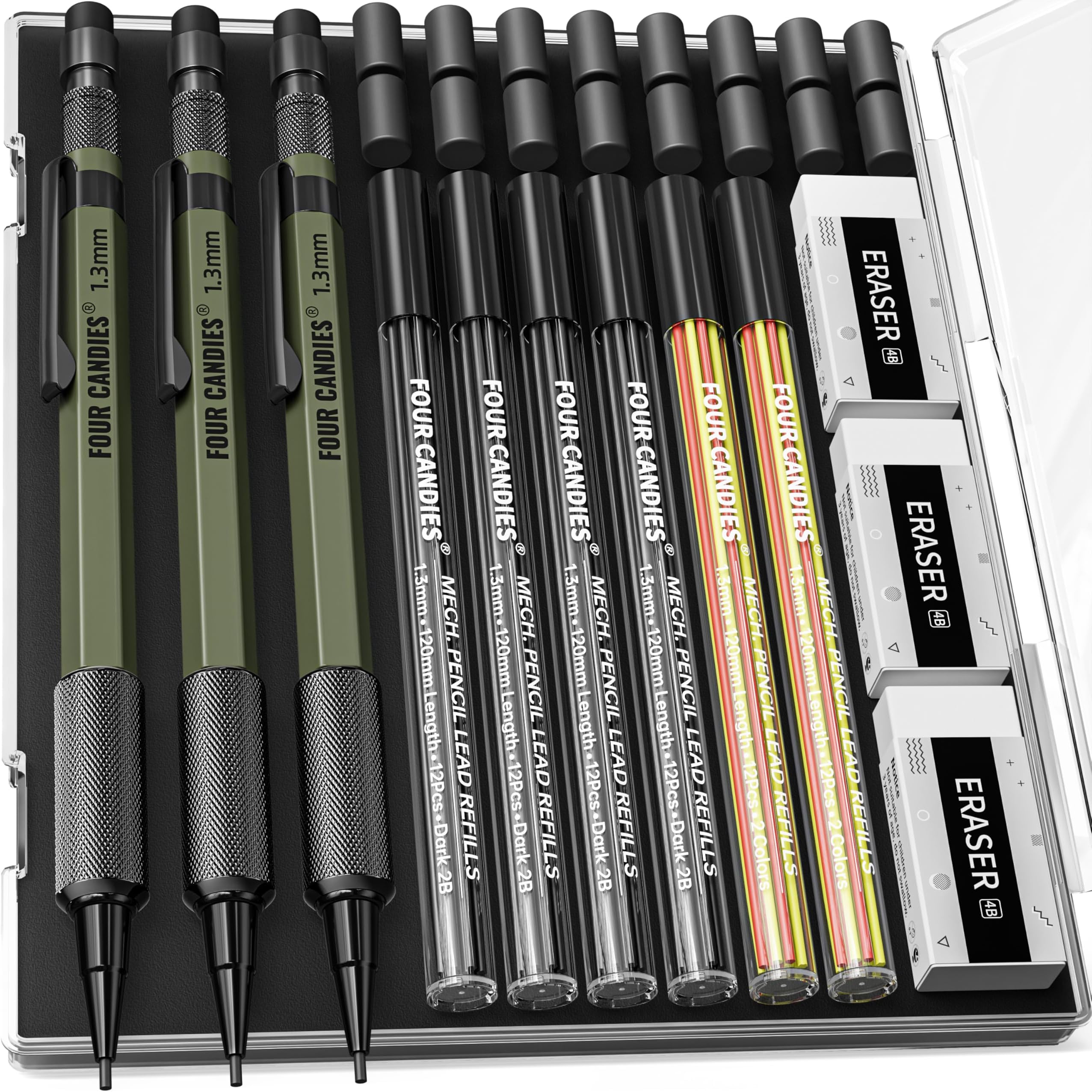 Four Candies 1.3mm Metal Mechanical Pencil Set with 72 Lead Refills, 3-Pack | Weatherproof Body, Heavy Duty, 3 Erasers, 16 Eraser Refills, Storage Case for Outdoor Construction Woodworking Marking