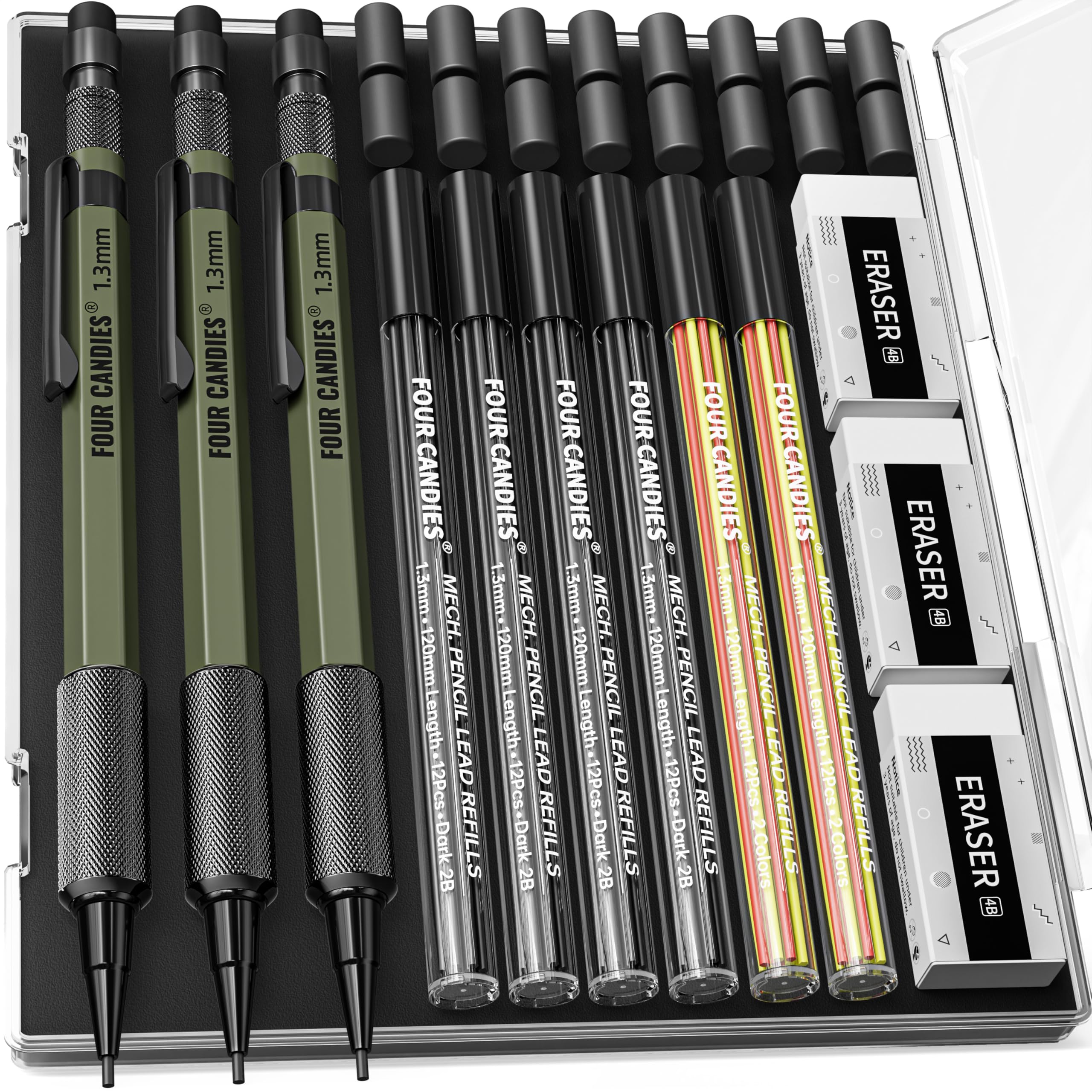 Four Candies 1.3mm Mechanical Pencil Set with 72 Lead Refill, 3PCS Metal Weatherproof Body Heavy Duty Carpenter Pencil, 3 Eraser, 16 Eraser Refill, for Outdoor Woodworking Drafting Marking with Case