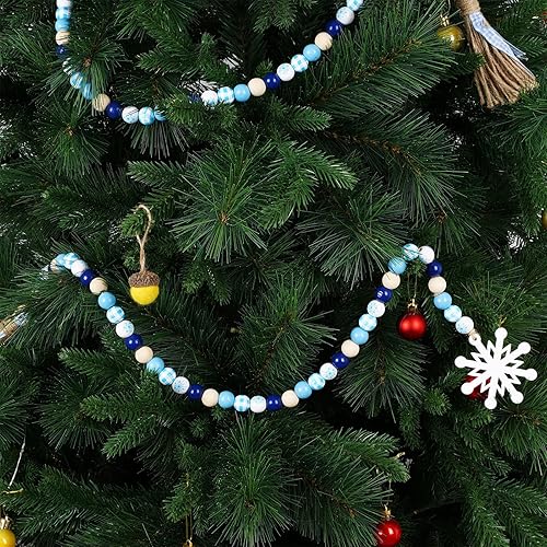 Miniatura 7 de Whaline 2 guirnaldas de cuentas de madera de invierno con colgantes de copo de nieve, cuadros de búfalo azul y blanco, adorno rústico para colgar en