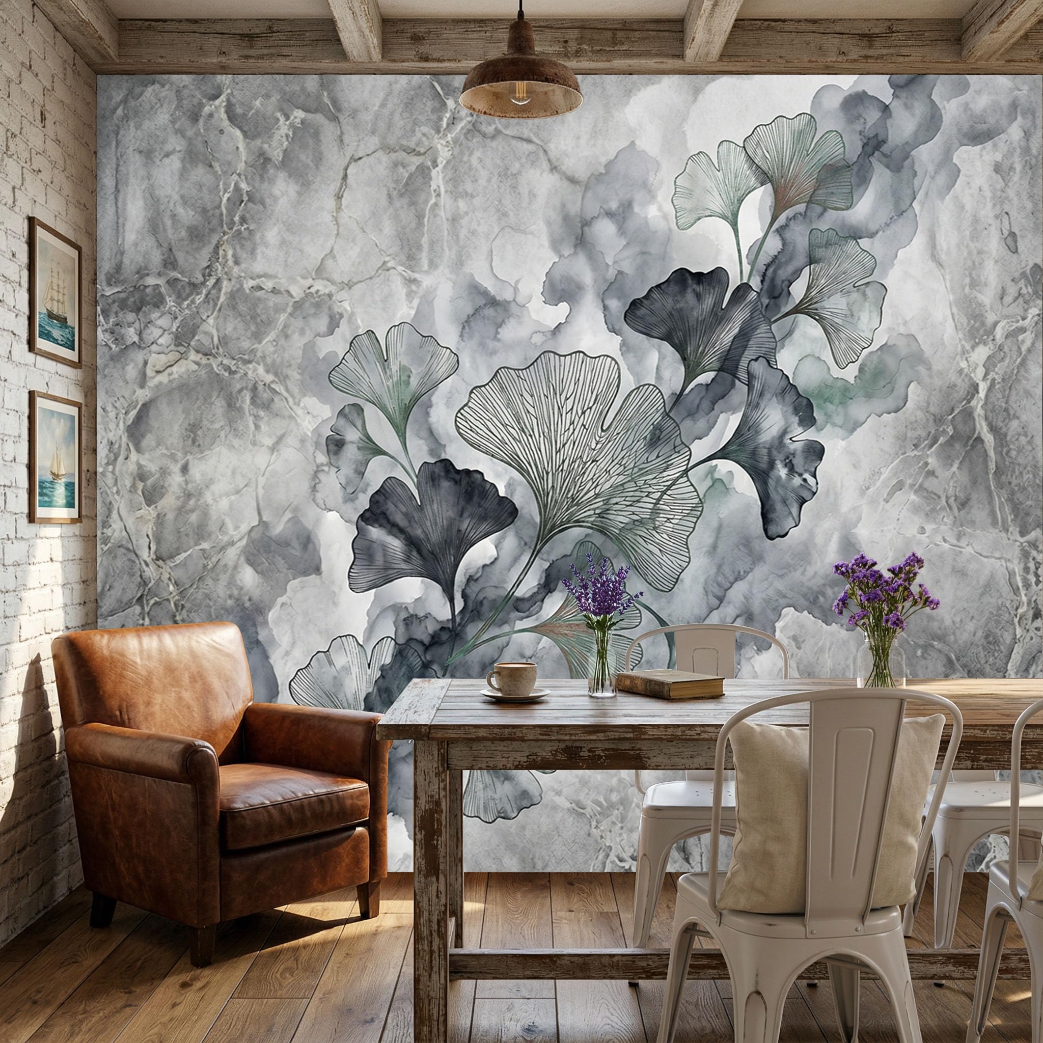 Fotomurali Carta Da Parati Marmo Foglia Di Ginkgo 200x140cm | Carta Da Parati 3D Seta Pittura A Inchiostro In Stile Retrò Studio Sala Pranzo Divano Camera per Mobili Letto Soggiorno TV Muro