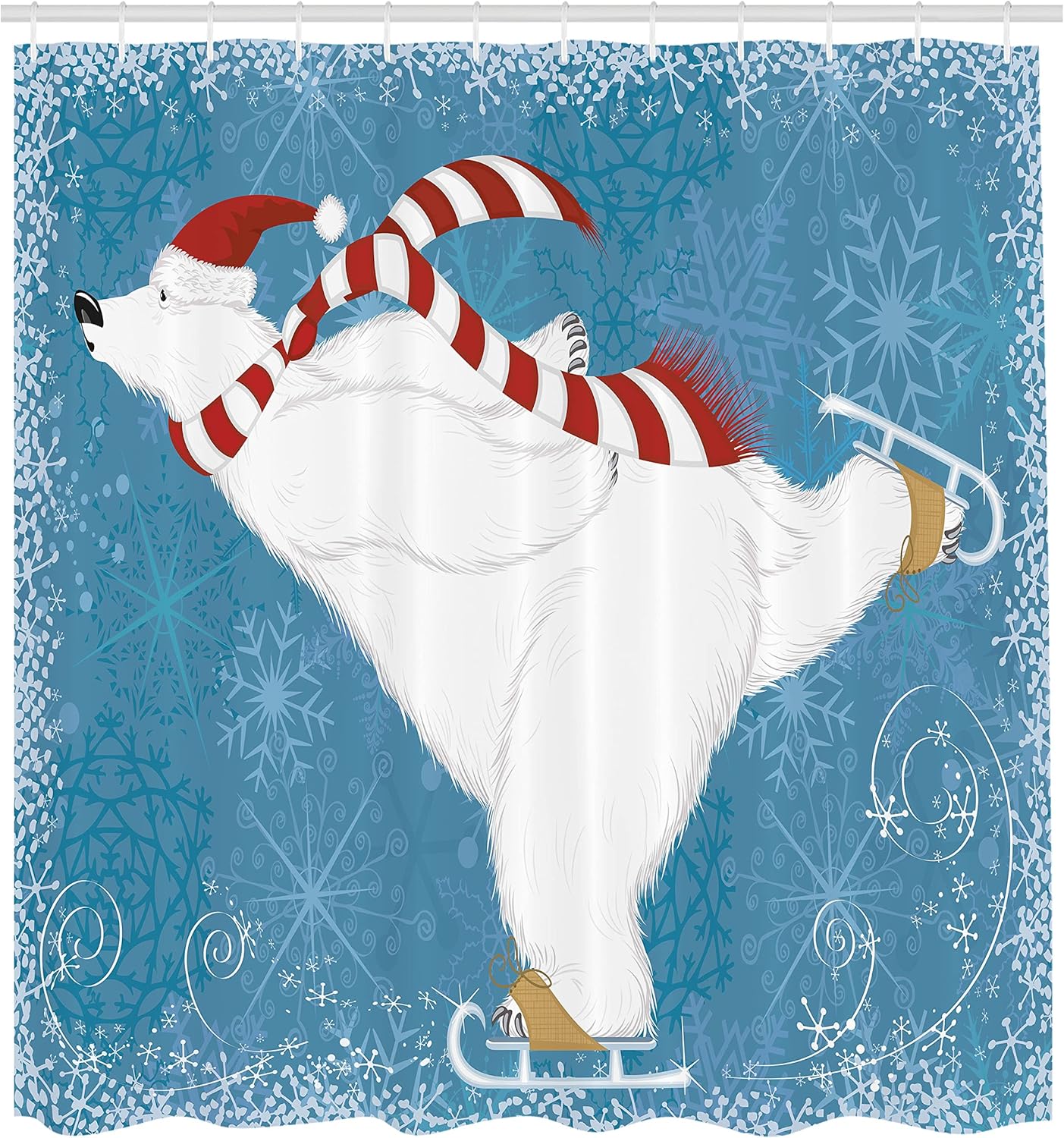 Ambesonne Bear Shower Curtain, Polar Bear with Christmas Hat and Scarf Ice Skating Ornamental Snowflakes and Swirls, Cloth Fabric Bathroom Decor Set with Hooks, 105" Extra Wide, Blue White