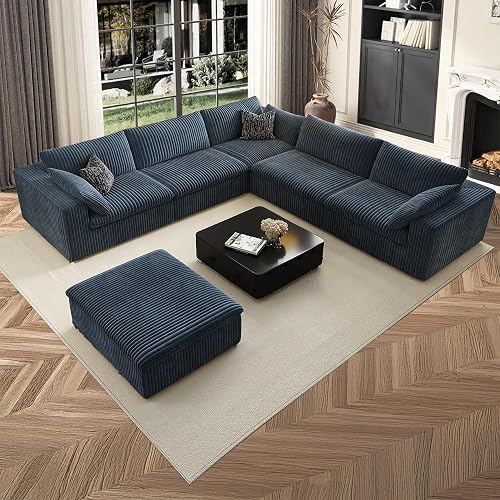 118" Cloud Couch Oversized Modular Sectional Sofa, Boneless L-Shaped 6 Seater Deep Seat Couch with Ottoman, Soft Corduroy Upholstery, DIY Combination for Living Room, No Assembly Required, Blue