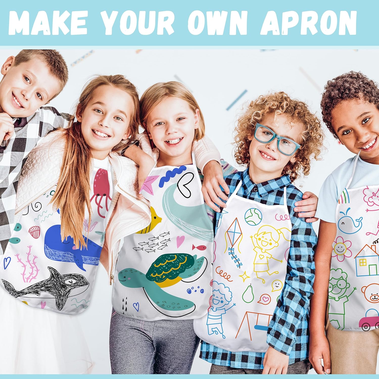 Pllieay 26 PCS DIY Kid Aprons Toddler Painting Apron with Colored Pen and Stencils For Crafts White Aprons for DIY Craft