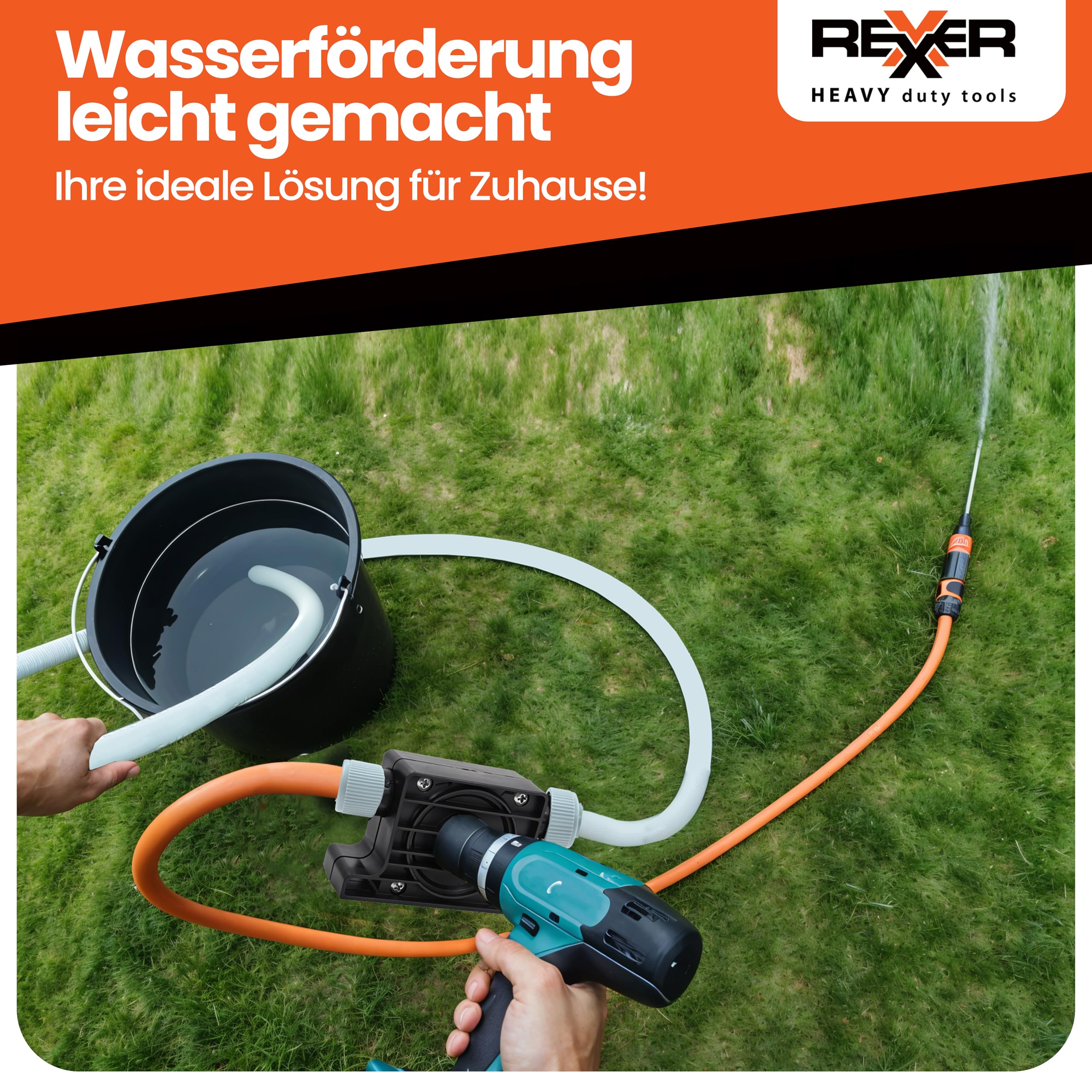 REXXER Wasserpumpe (Set) - Bohrmaschinenpumpe/Akkuschrauber Pumpe - sofort einsetzbar mit 2m Schlauch, Schellen & 2x Schlauchkupplung (900 l/h)