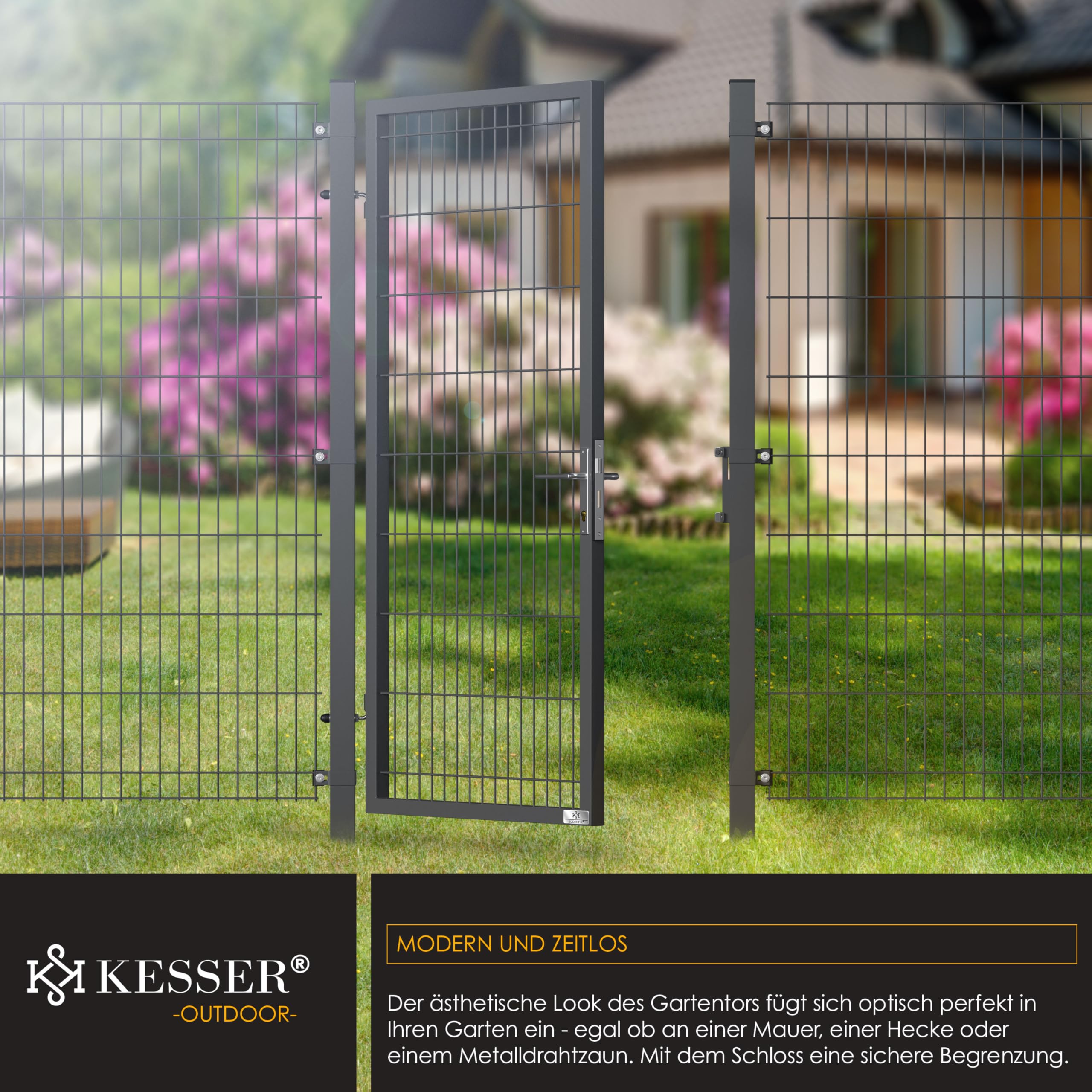 KESSER® Gartentor Premium Gartentür aus Metall verzinktem Stahl, Gartentür für Stabmattenzau Zauntor, Hoftor, inkl. Pfosten mit Schloss Türklinke und Schlüssel, 180 x 106cm Anthrazit
