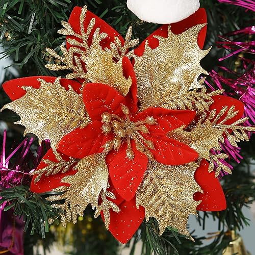Miniatura 15 de 12 piezas de flores de Pascua artificiales de Navidad con clips y tallos, decoraciones de Navidad con purpurina para adornos de árbol de Navidad