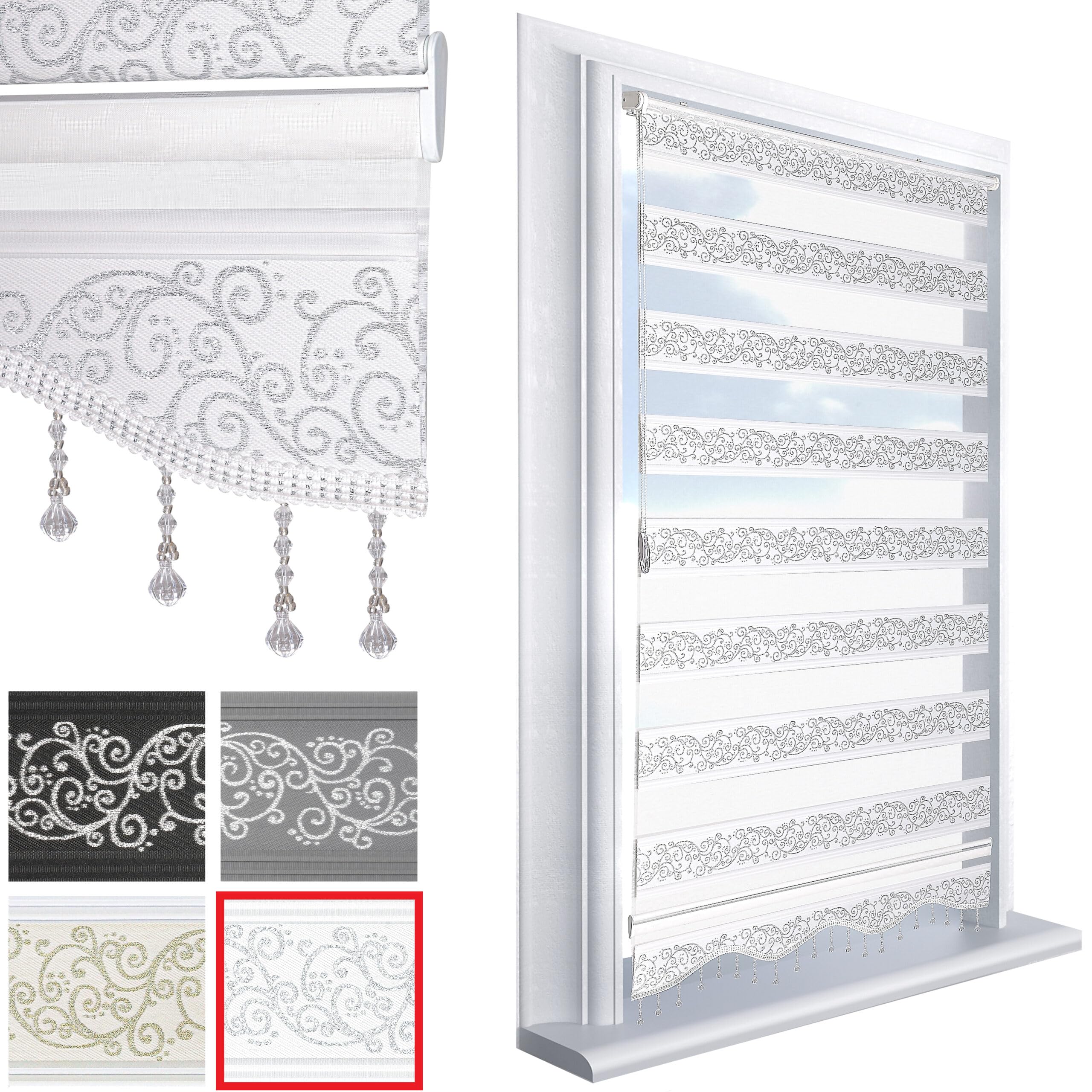 Brillant Doppelrollo Klemmfix ohne Bohren Weiß Silber 200 x 110 cm (Länge x Breite) Duorollo Blickdicht mit Perlen, glitzert, Raffrollo Fenster Tür Zebra Perde Klemmrollo Seitenzugrollo