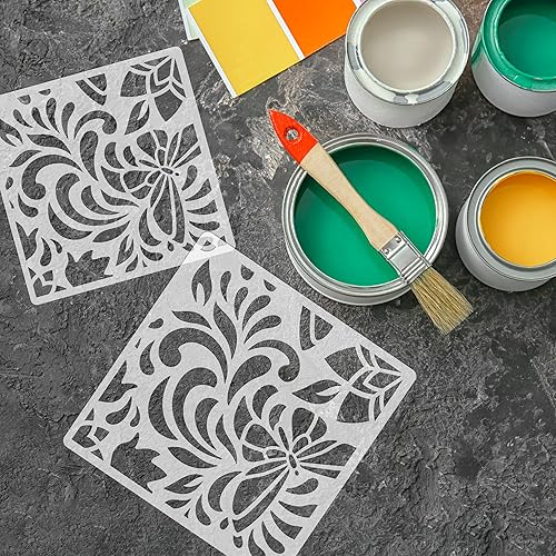 Miniatura 6 de NAKLEO Plantilla de pintura para azulejos de 13 x 13 pulgadas, adorno floral de mariposa Lorca, plantilla reutilizable de plástico, decoración del