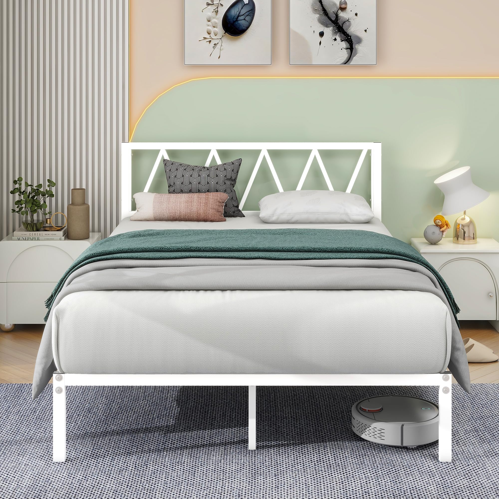 Double Bed Frame with Storage,Platform Metal Bed Frame White Double Bed with Design Headboard, Under-bed Storage, No Box Spring Needed, White Full