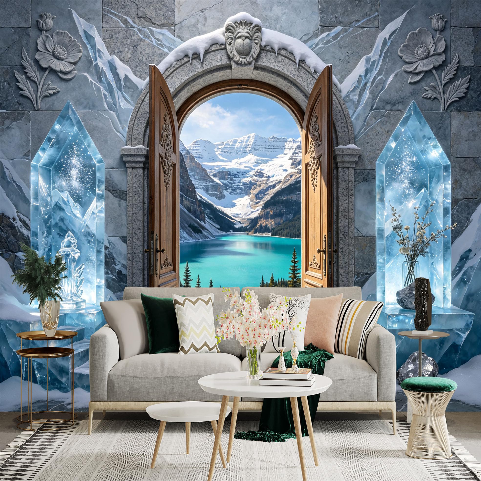 Custom Size Wall Sticker Mural， Frozen Mountain Lake， Ice Crystal Archway， Snowy Alpine View， for wall Decoration， peelandstick wall Decals.