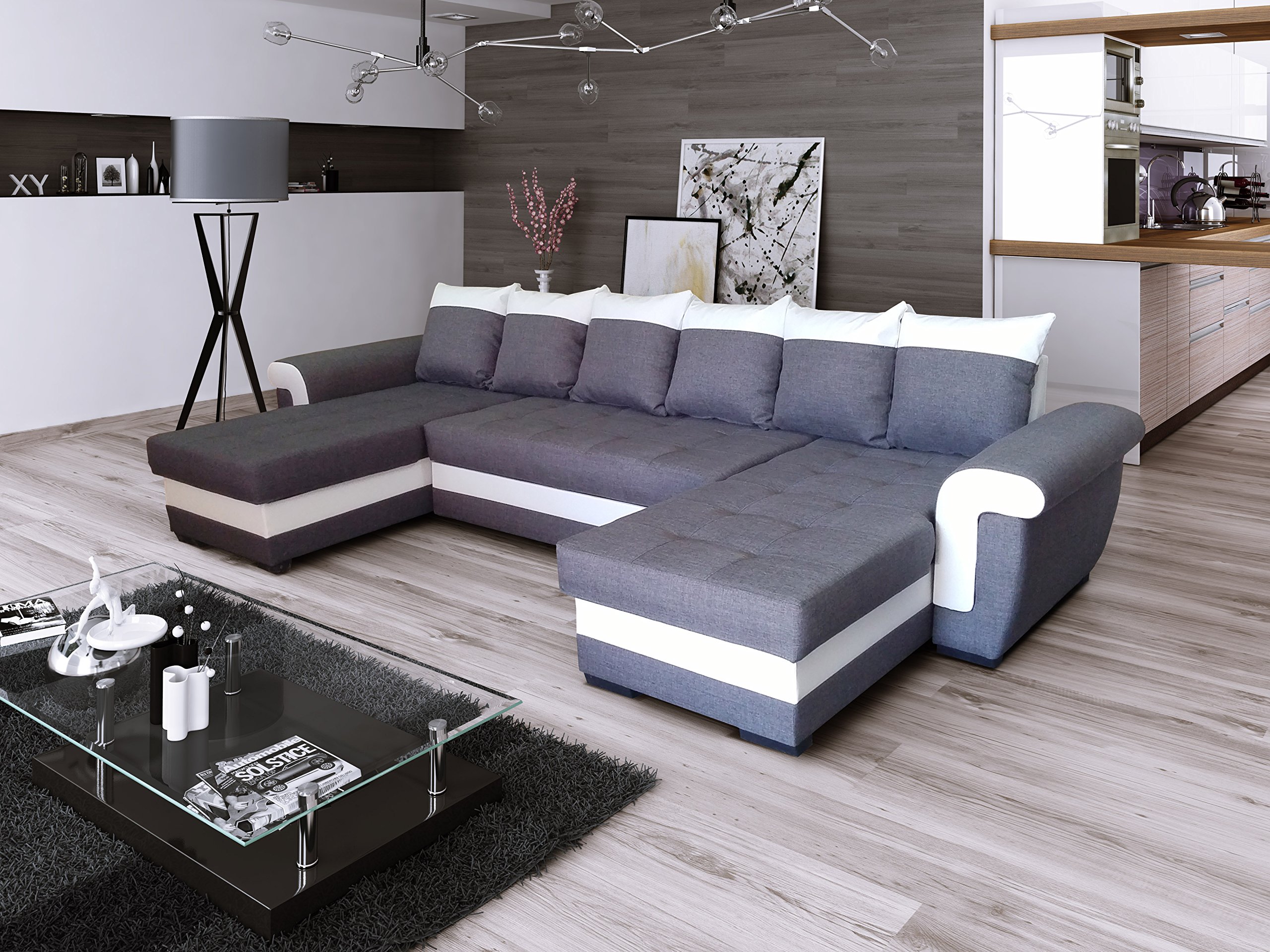 All4All Ecksofa mit Schlaffunktion Ivett U 330 cm x 158 cm - Wohnlandschaft U-Form - XXL Sofa mit 2 Bettkasten - Schlafsofa Groß - Grau/Weiß - Gewebe mit Kunstleder - Modern 19