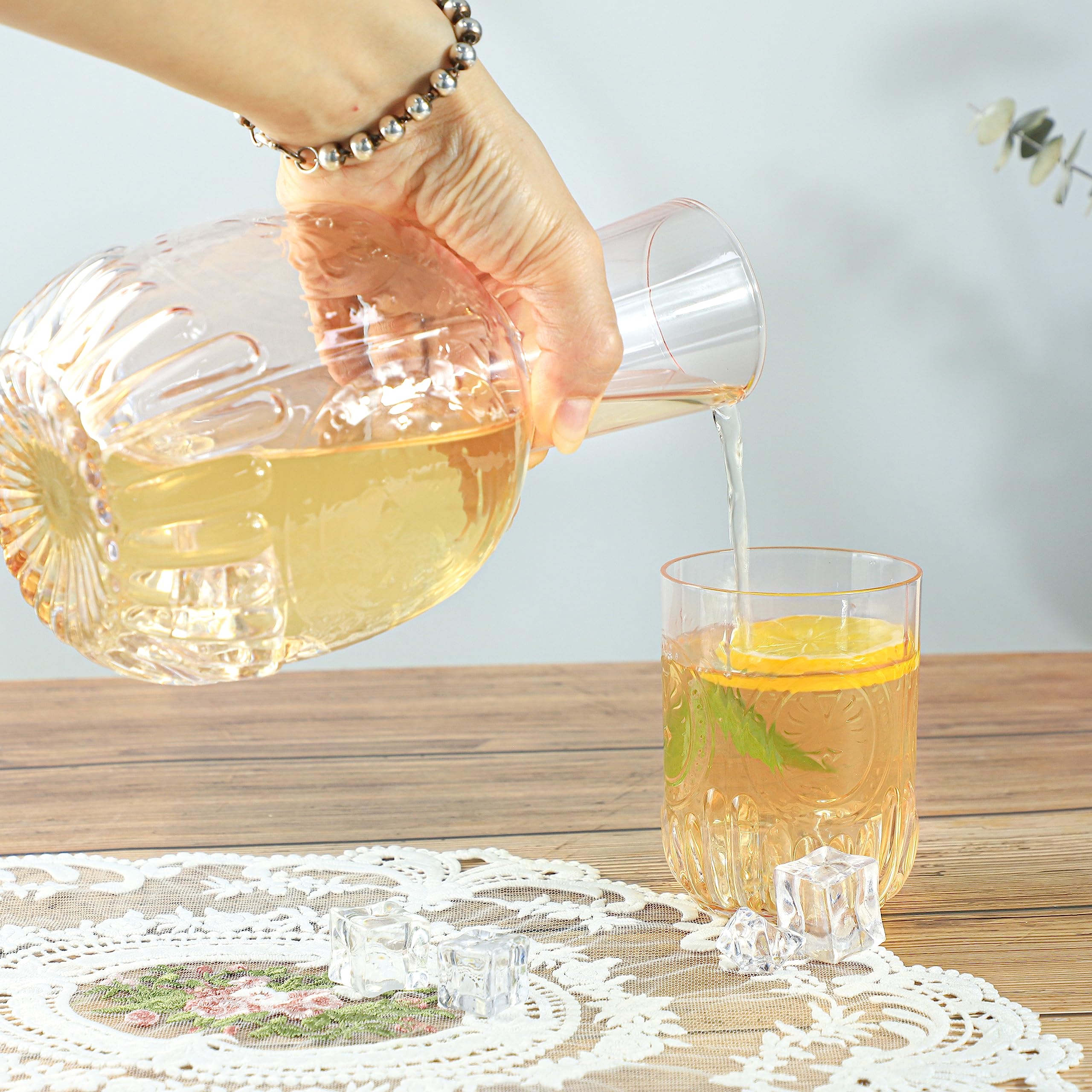 Jarra de agua de noche de cristal transparente retro con vaso de vidrio, jarra de vidrio de alivio y taza de noche