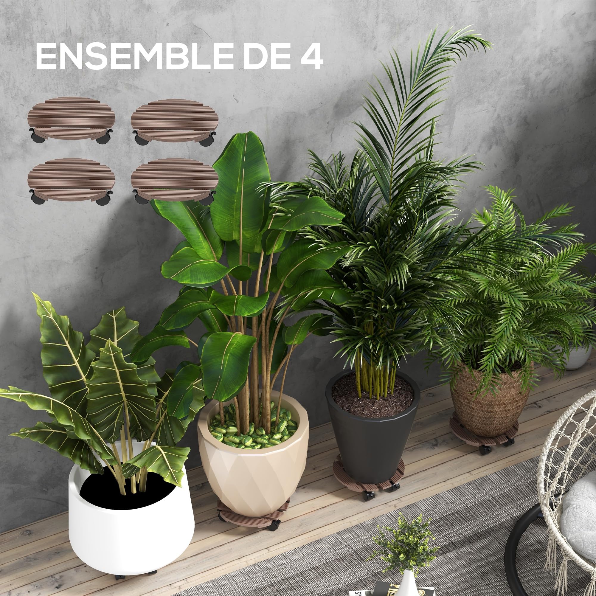 Outsunny Lot de 4 Supports Ronds pour Plantes, Porte Plante à roulettes | Support pour Pot de Fleurs, pour Intérieur et Extérieur