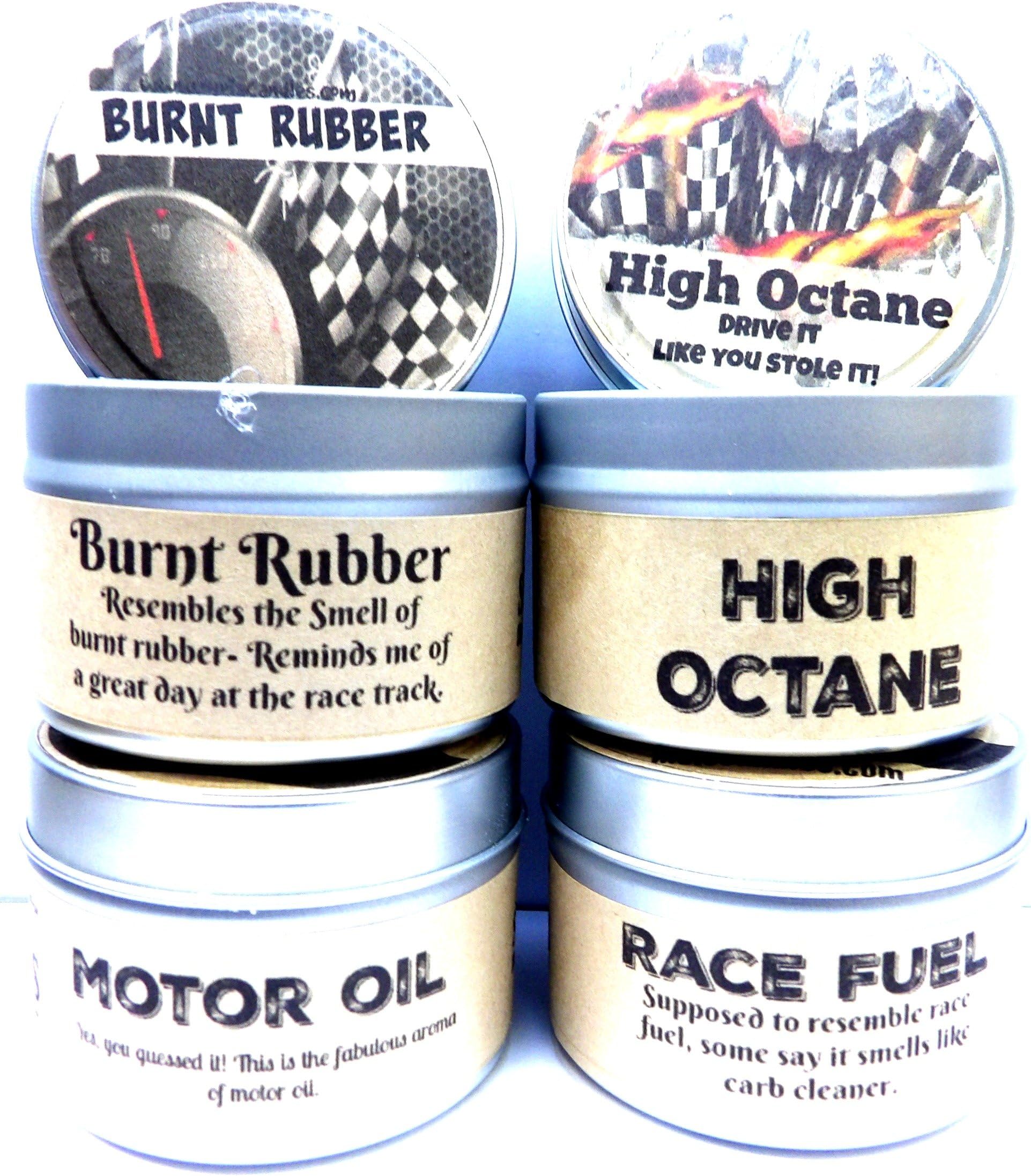 8 Ounce Candles - Combo - Set of Four - High Octane, Race Fuel, Motor Oil & Burnt Rubber 8 Oz All Natural Soy Candle Tins