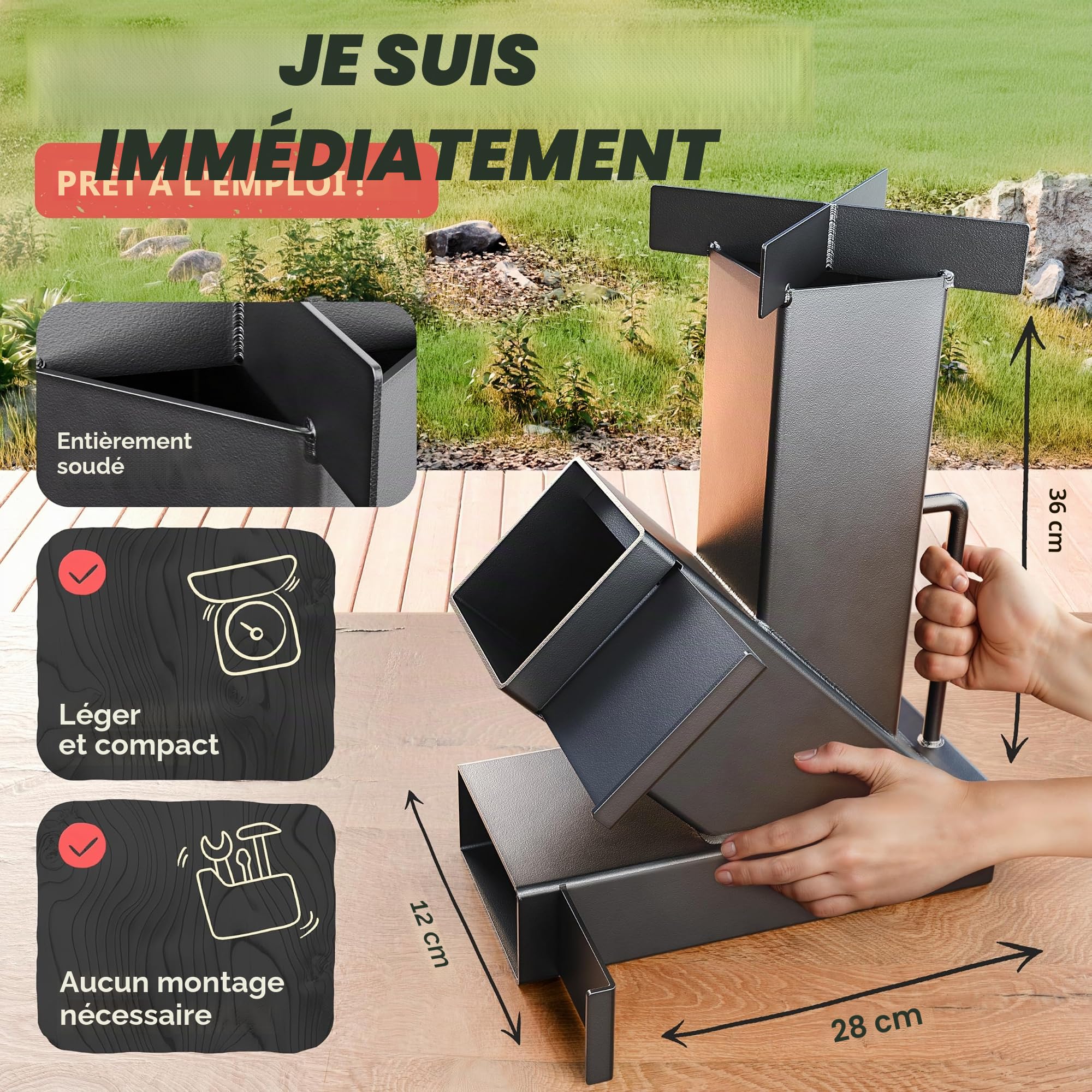 Four à fusée d'extérieur pour four néerlandais, barbecue, terrasse, etc. Pas de montage. Stable et compact. Rocket Stove comme four de camping pour cuisiner sans gaz ni électricité. Four à canon