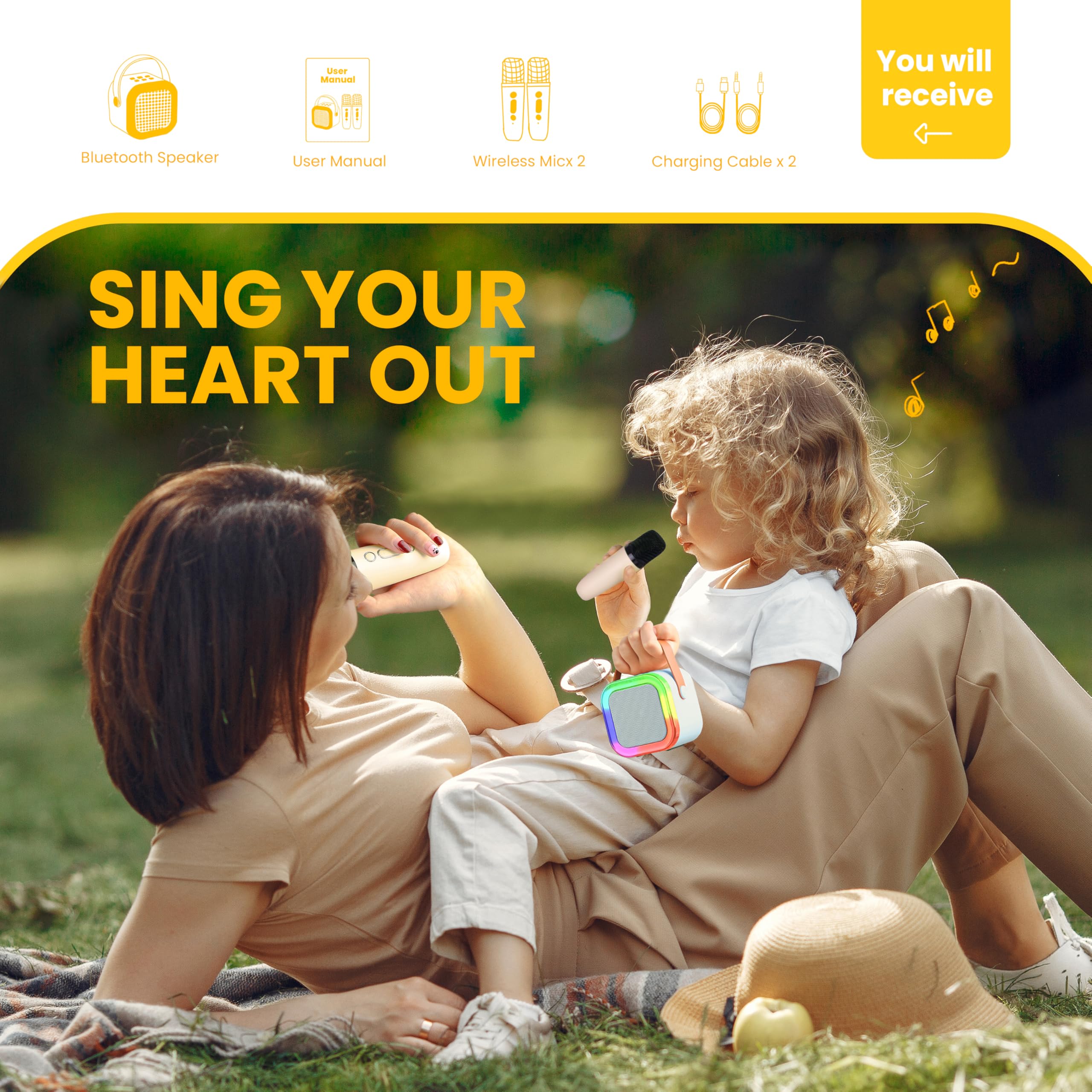 Mini altoparlante per karaoke, portatile, Bluetooth, con 2 microfoni wireless e luci, ideale per bambini e adulti, compleanno, famiglia, feste in casa