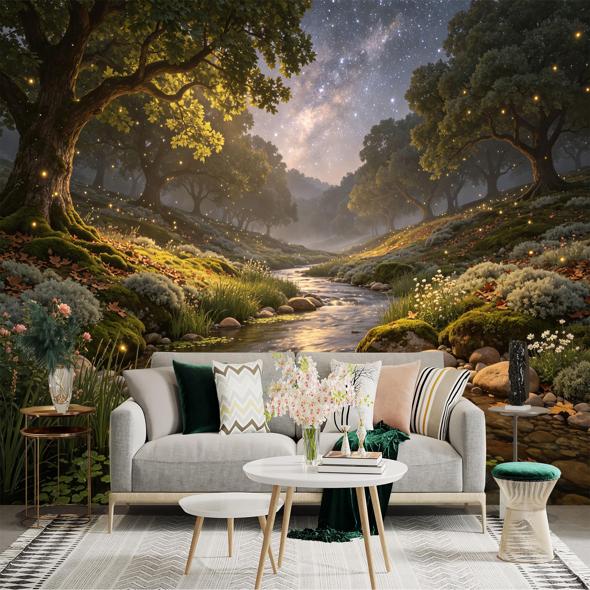 Lnzczhyre Bh260719595 Custom Size Wall Sticker Mural， Enchanted Forest Stream With Glowing Fireflies， Milky Way Galaxy Night Sky， For Wall Decoration， Peelandstick Wall Decals.