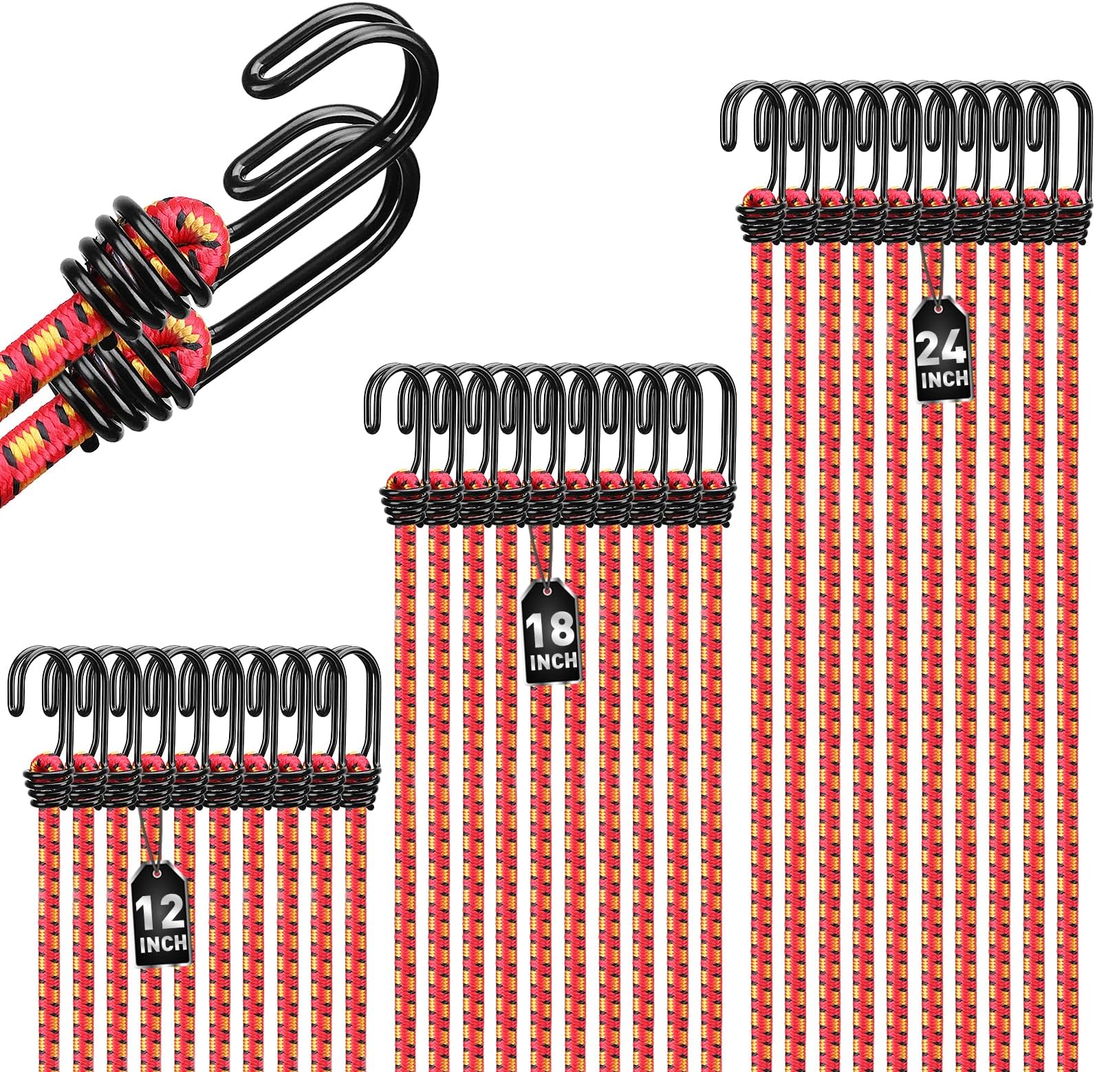 30-Piece 12" 18" 24" Elastic Bungee Cords with Hooks: Bungee Cords Heavy Duty Outdoor, Bungie Cord Bundle Assortment with Metal Hook, Bungee Straps for Kayaking, Camping, Garage Storage